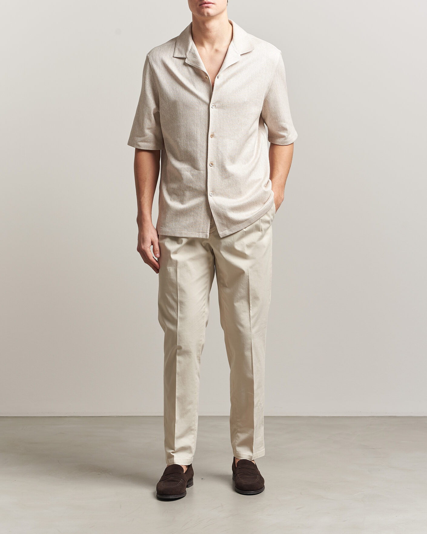 Heren | Overhemden | Brunello Cucinelli | Linen Herringbone Camp Shirt Light Beige