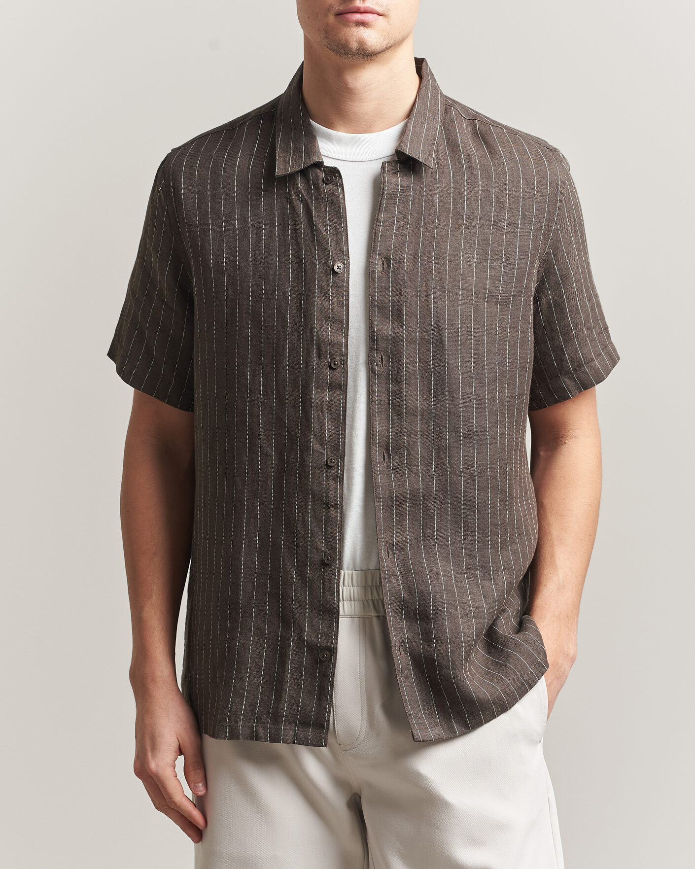 Heren | Overhemden | Samsøe Samsøe | Avan Linen Striped Short Sleeve Shirt Black Olive