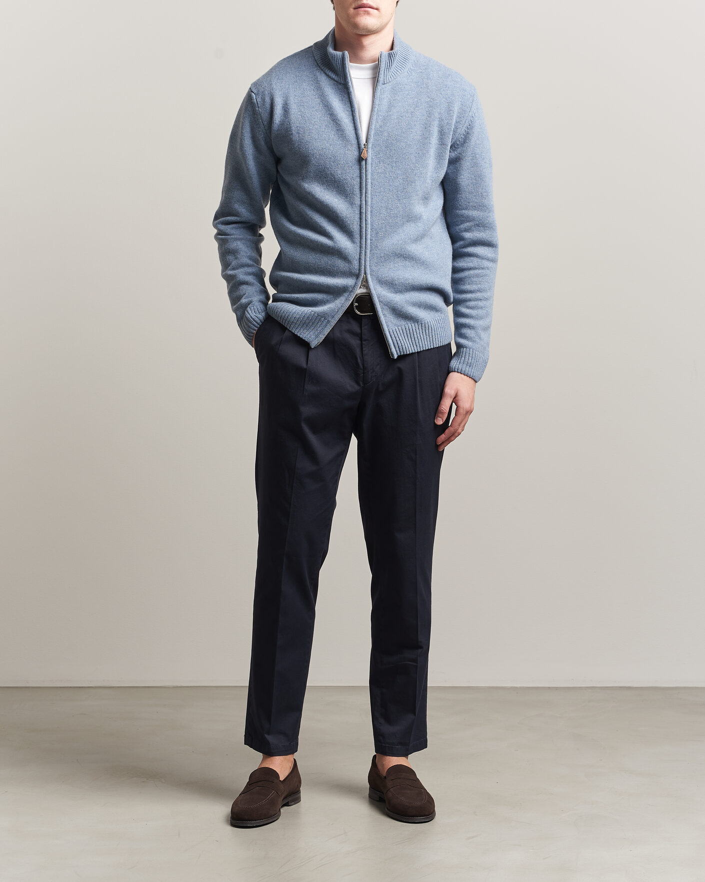 Heren | Truien | Stenströms | Brushed Merino Full Zip Light Blue