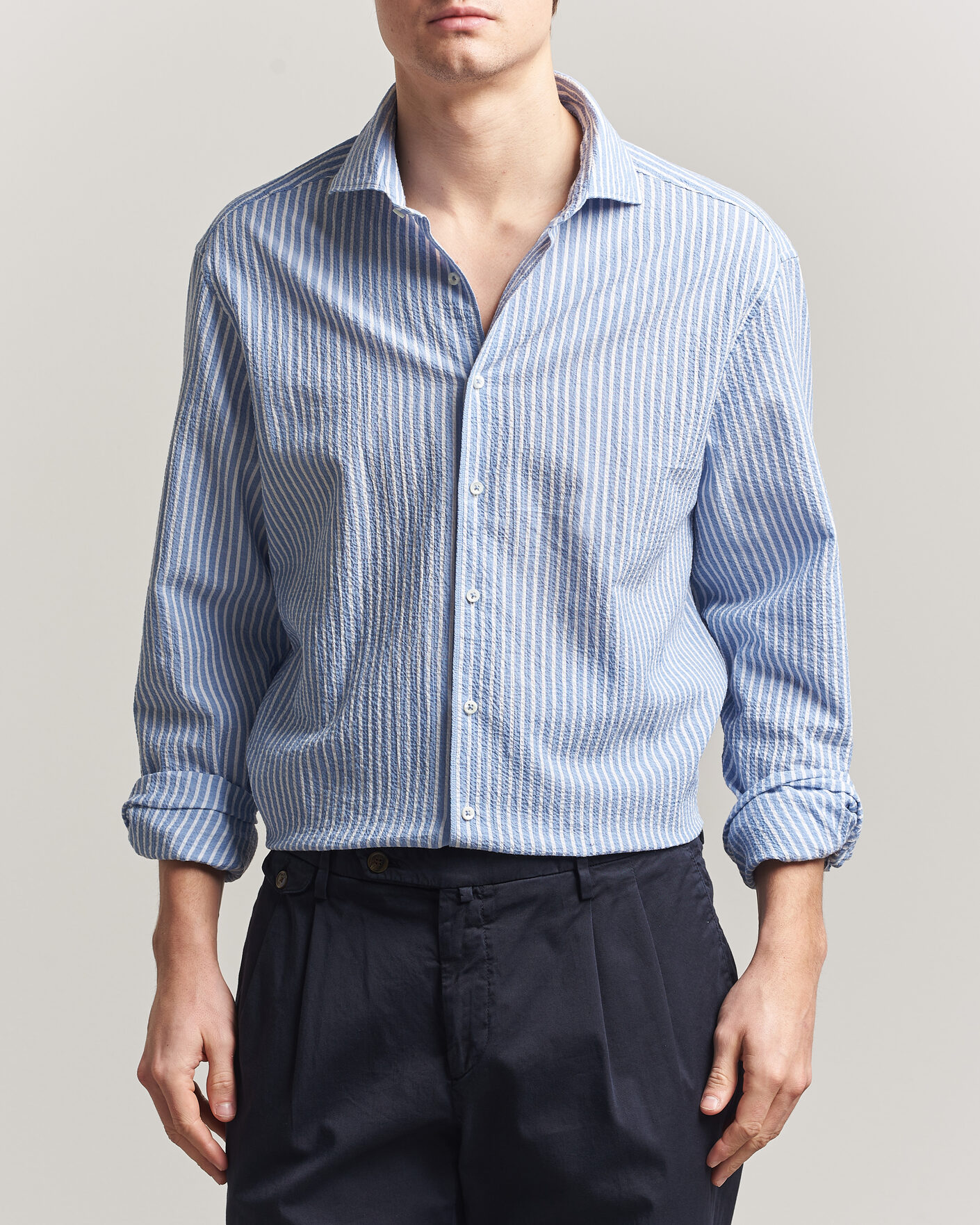 Homme | Chemises | Stenströms | Regular Fit Striped Seersucker Shirt Blue