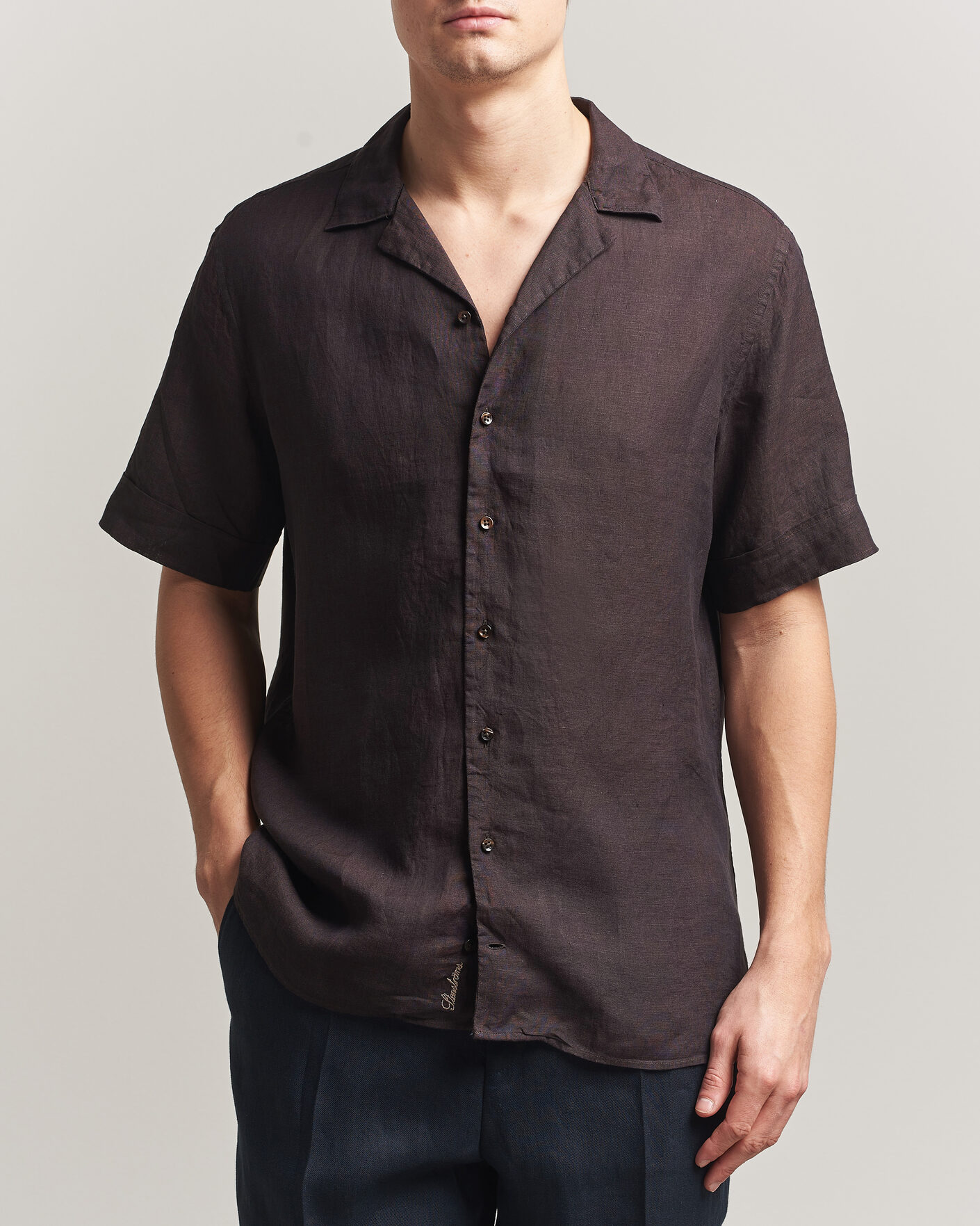 Homme | Chemises | Stenströms | Short Sleeve Linen Shirt Dark Brown