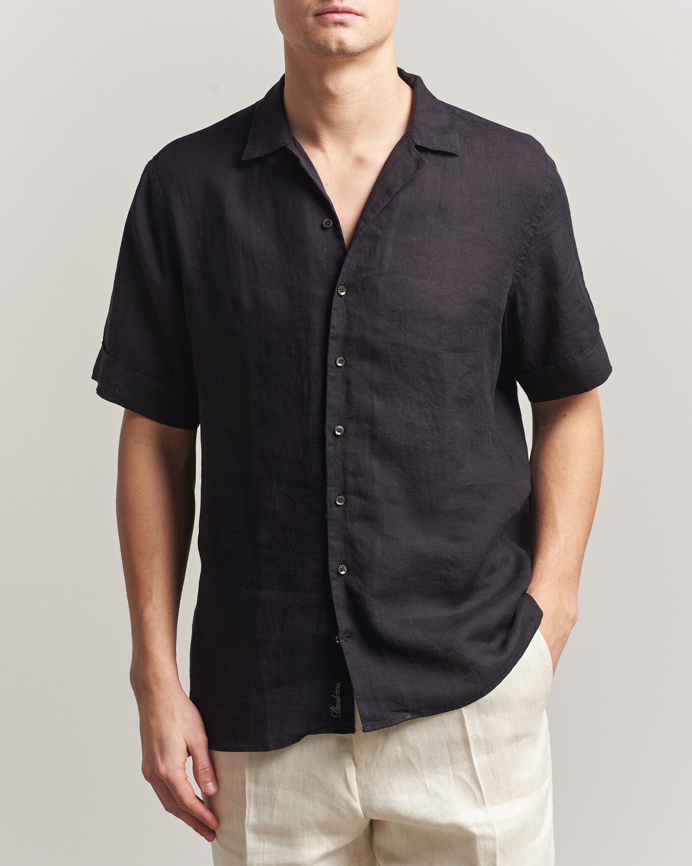 Heren | Overhemden | Stenströms | Short Sleeve Linen Shirt Black
