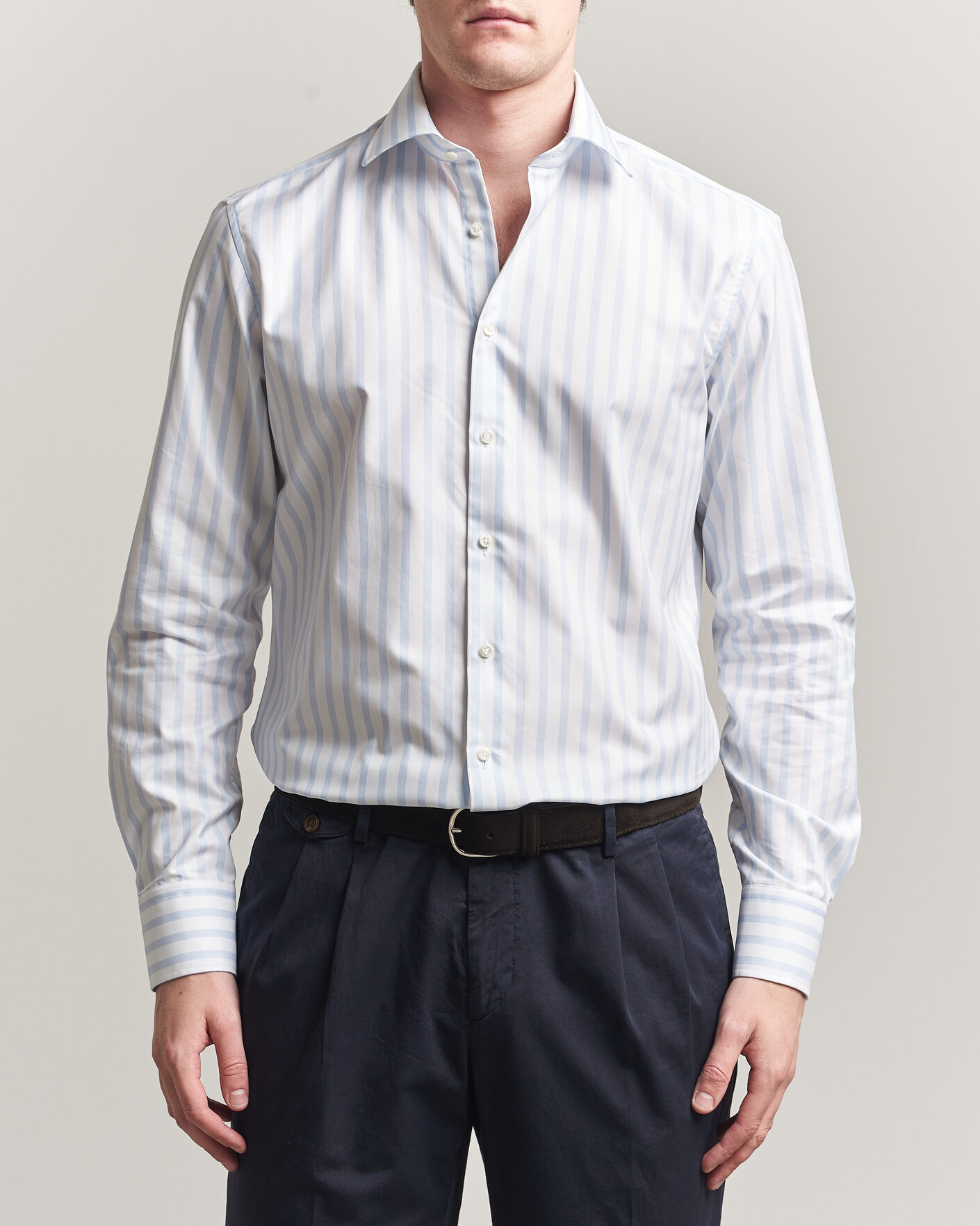 Homme | Chemises | Stenströms | Regular Wide Stripe Twill Shirt Light Blue