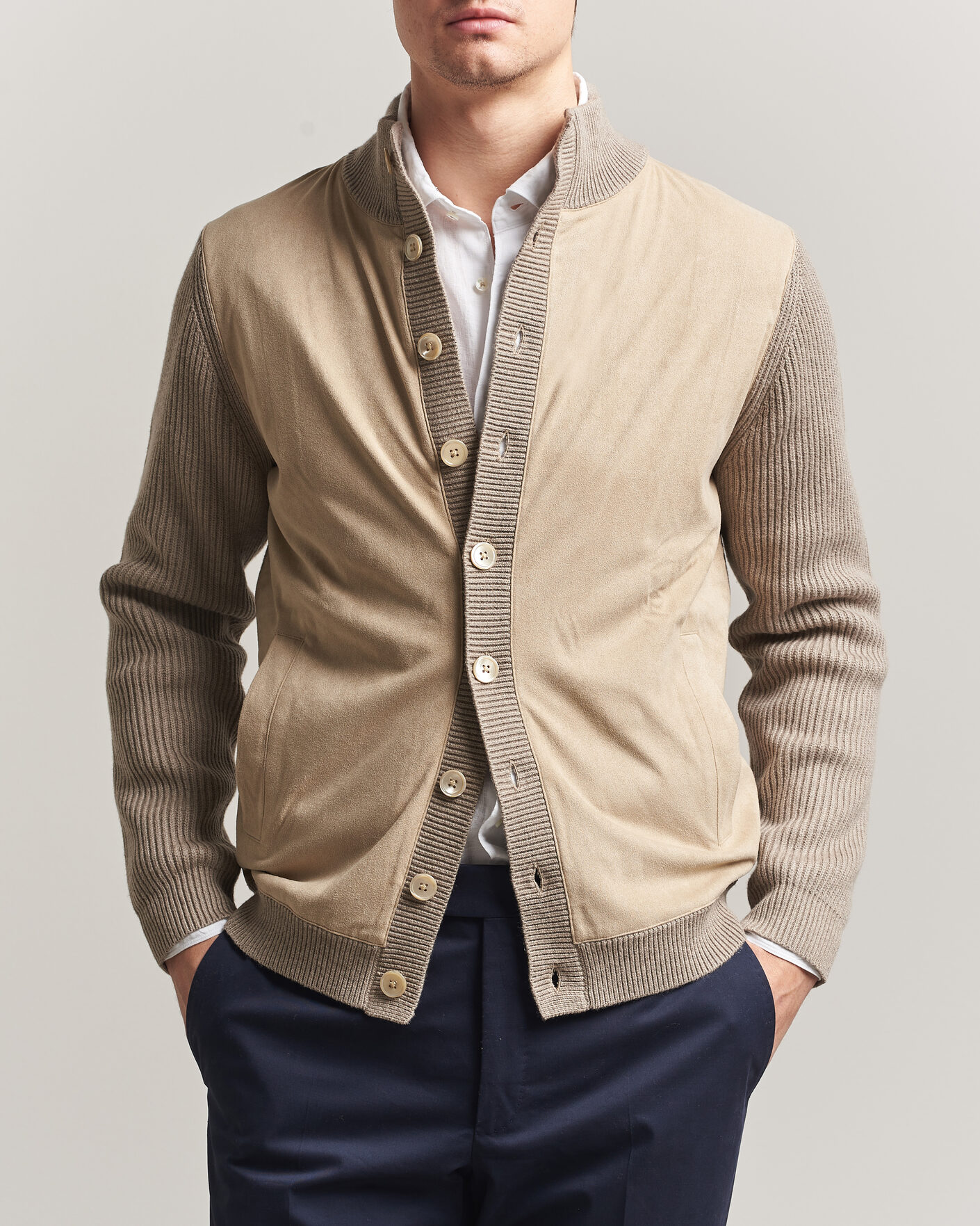 Homme | Pulls Et Tricots | Stenströms | Knitted Hybrid Buttoned Alcantara Cardigan Taupe