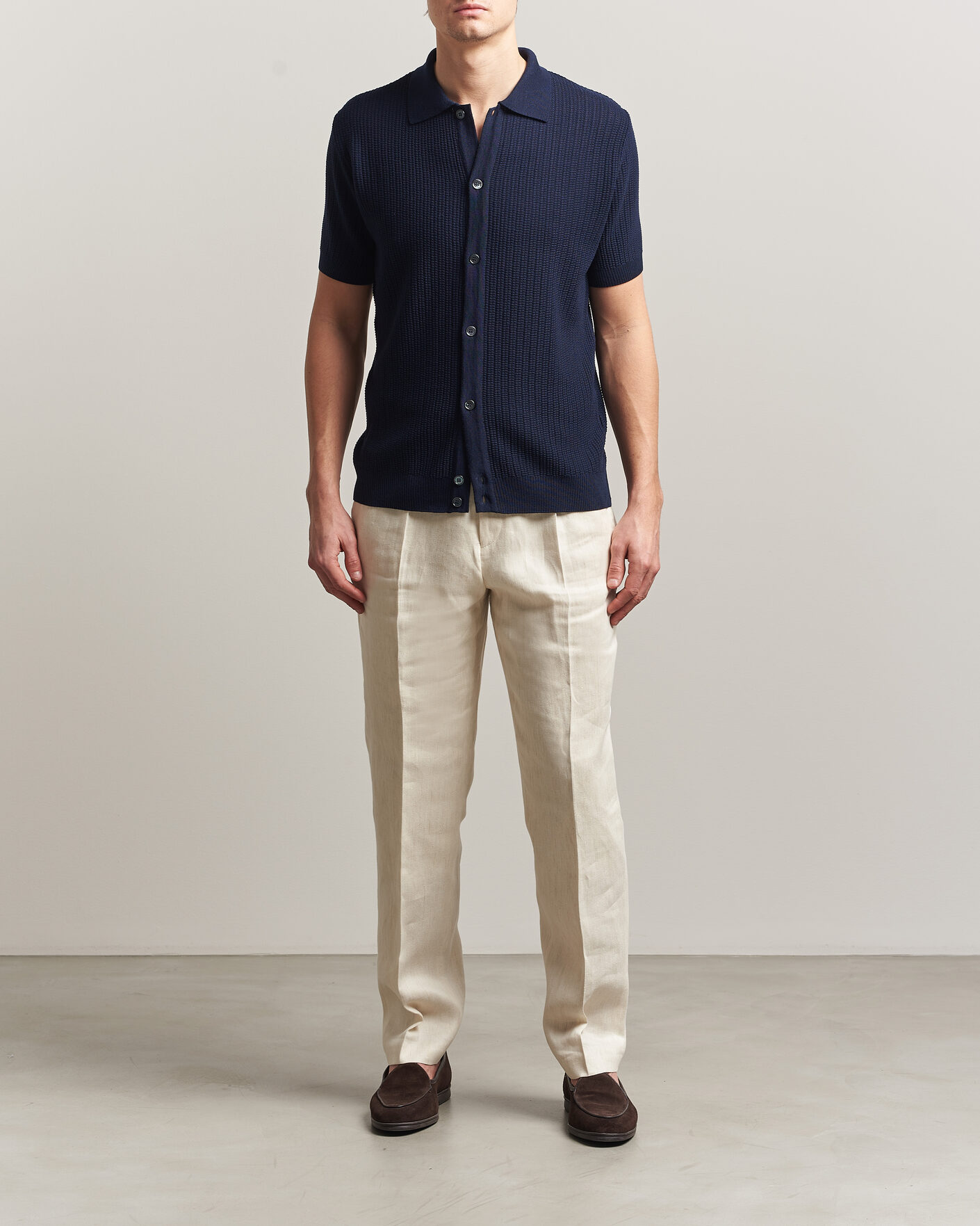 Heren | Polo's | Stenströms | Knitted Buttonthru Merino Polo Shirt Navy