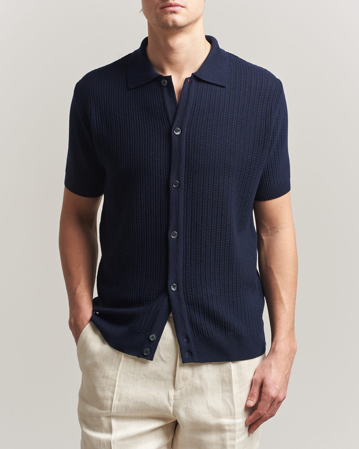 Homme | Polos | Stenströms | Knitted Buttonthru Merino Polo Shirt Navy