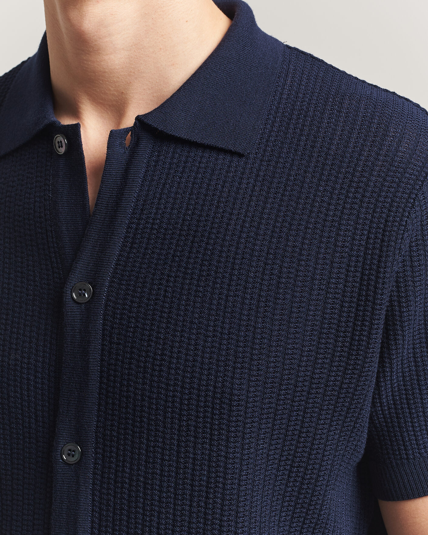 Homme | Polos | Stenströms | Knitted Buttonthru Merino Polo Shirt Navy