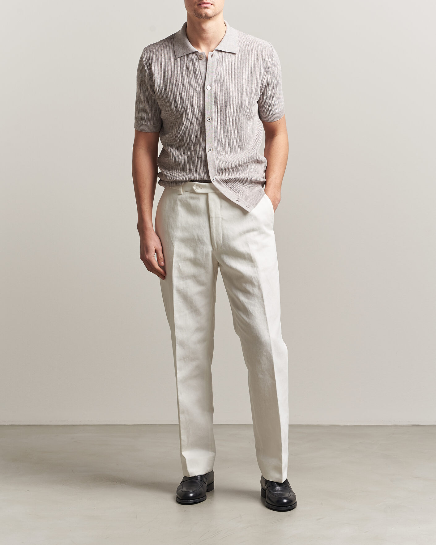 Heren | Polo's | Stenströms | Knitted Buttonthru Merino Polo Shirt Grey