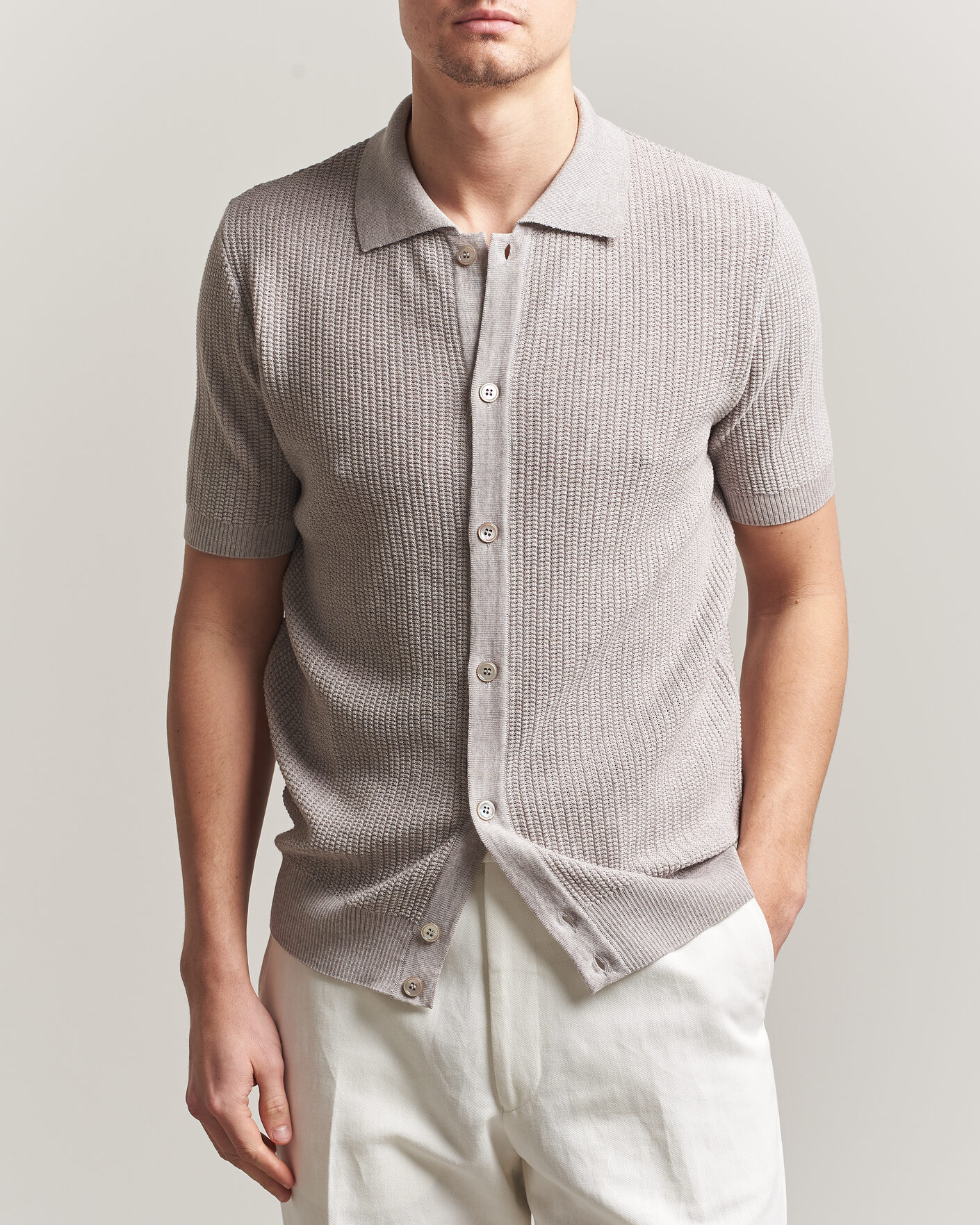 Heren | Polo's | Stenströms | Knitted Buttonthru Merino Polo Shirt Grey