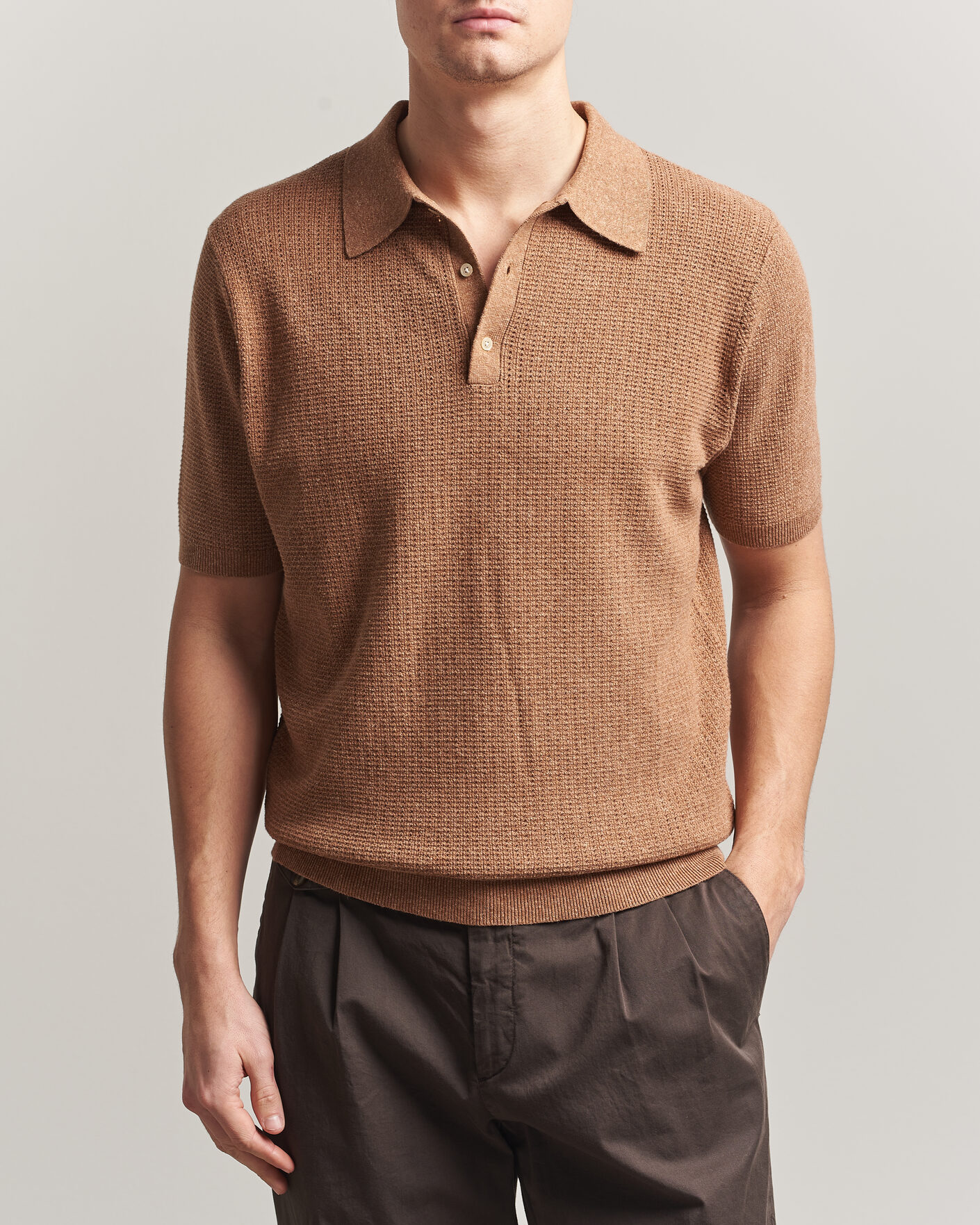 Heren | Polo's | Stenströms | Knitted Textured Cotton/Hemp Polo Light Brown
