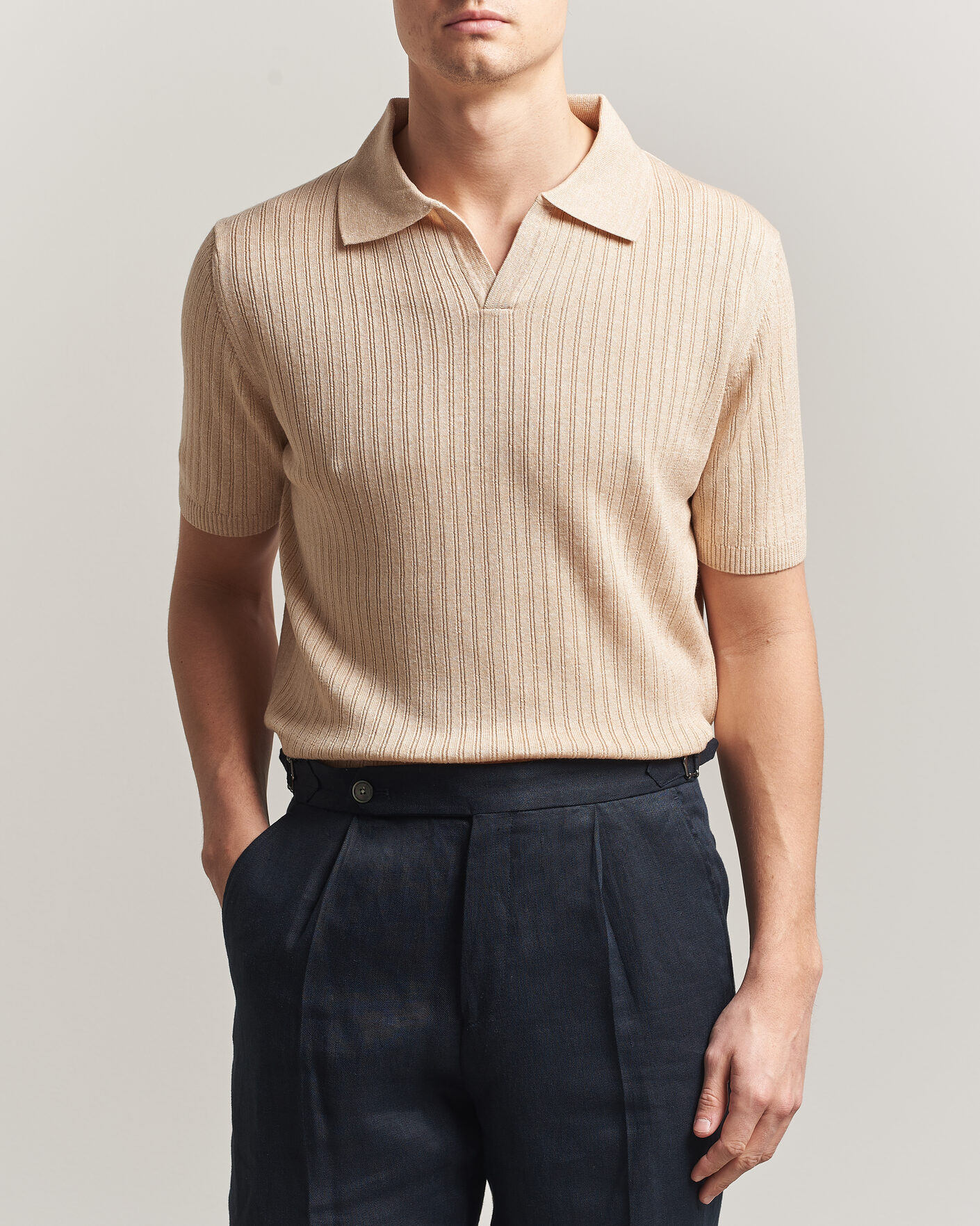 Heren | Polo's | Stenströms | Linen/Merino Structured Polo Beige