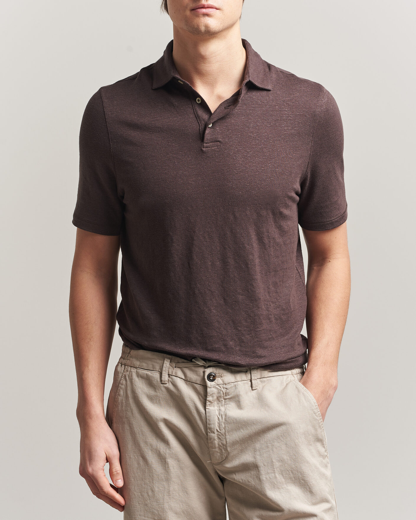 Heren | Polo's | Stenströms | Linen Polo Shirt Dark Brown