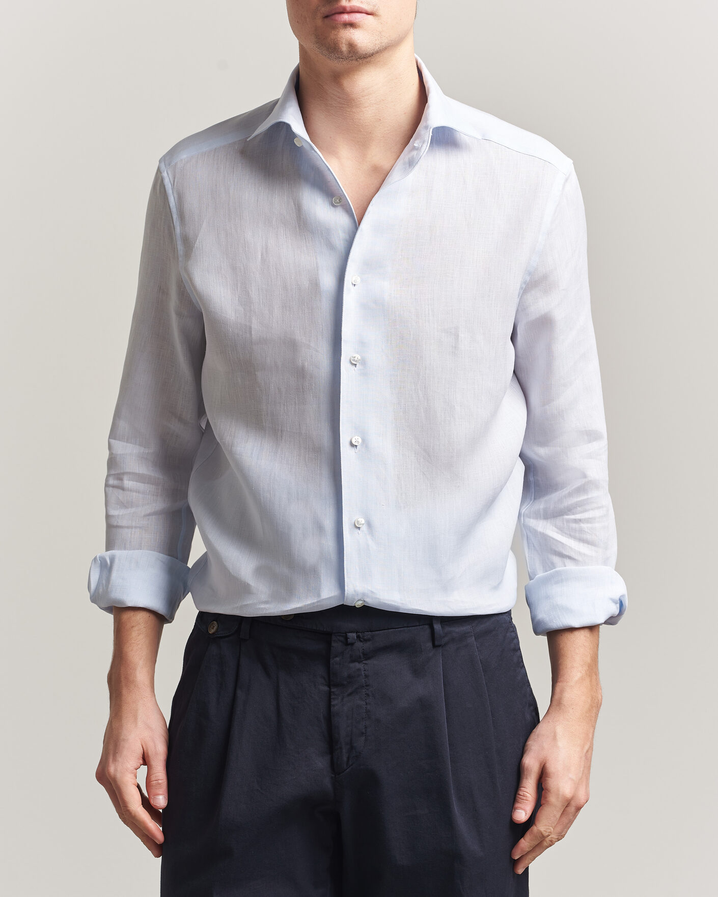 Homme | Chemises | Stenströms | 1899 Linen One Piece Collar Shirt Light Blue