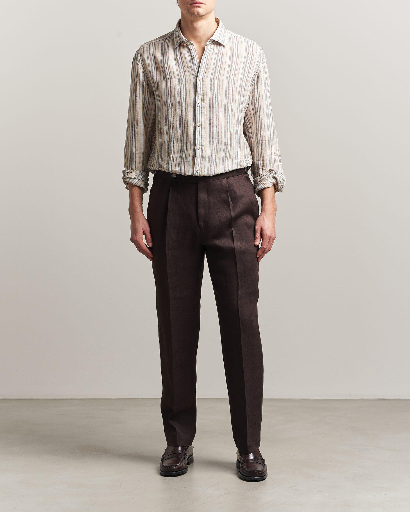 Homme | Chemises | Stenströms | Regular Fit Multi Striped Linen Shirt Brown