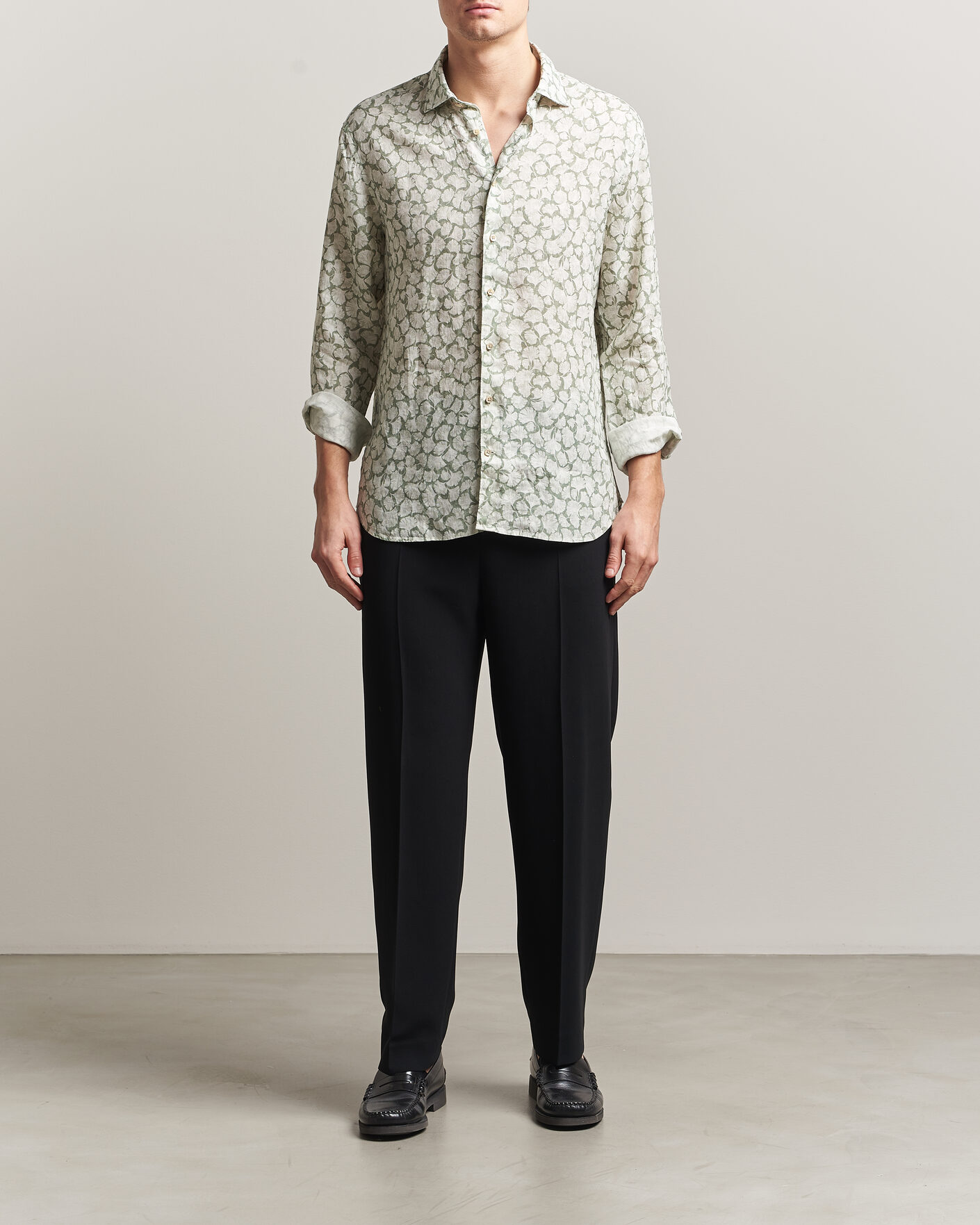 Homme | Chemises | Stenströms | Regular Fit Flower Printed Linen Shirt Green