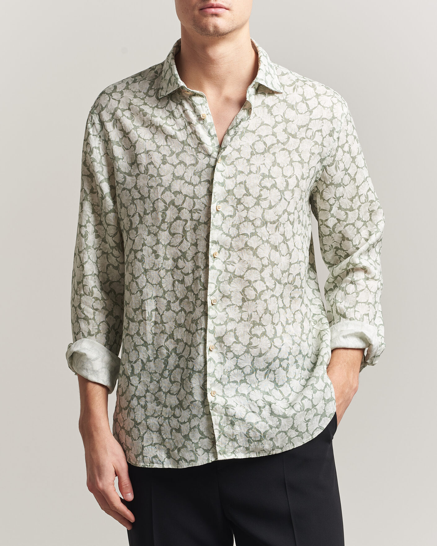 Homme | Chemises | Stenströms | Regular Fit Flower Printed Linen Shirt Green