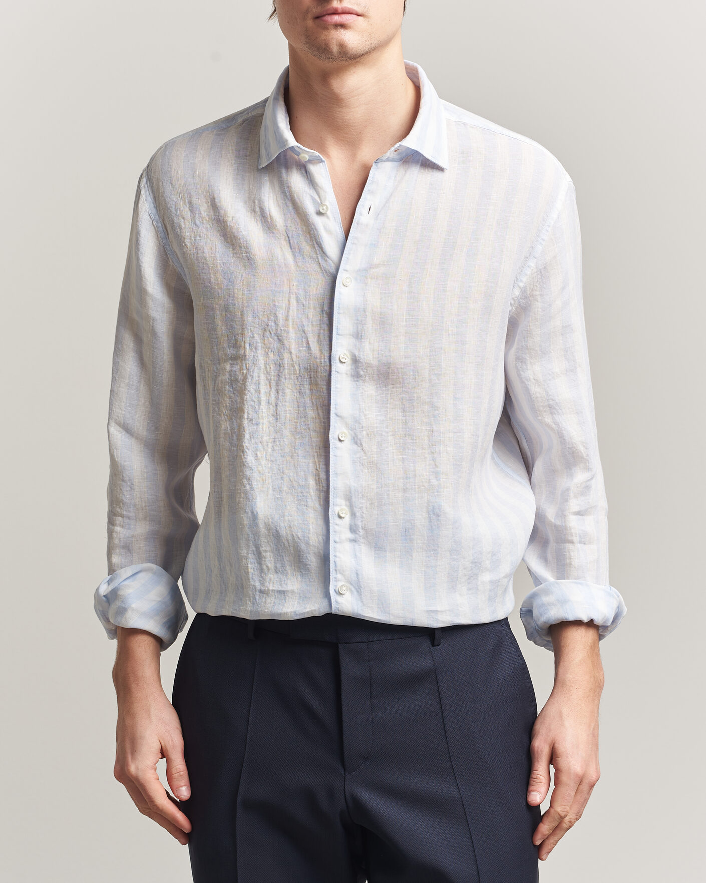 Homme | Chemises | Stenströms | Regular Fit Wide Stripe Linen Shirt Light Blue