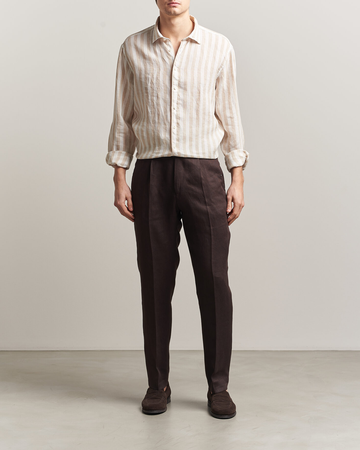 Homme | Chemises | Stenströms | Regular Fit Wide Stripe Linen Shirt Beige
