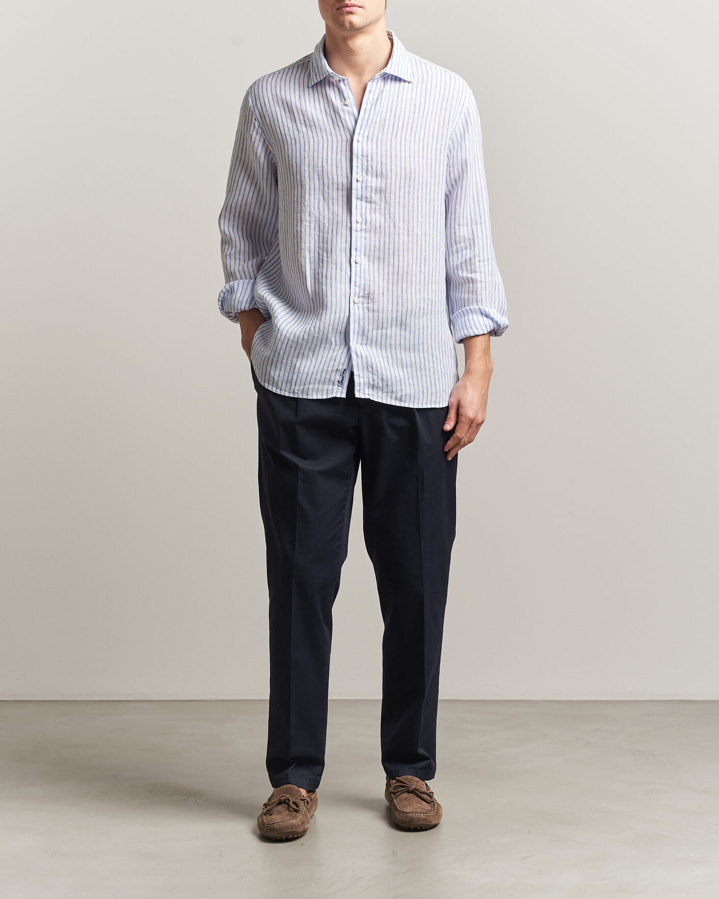 Homme | Chemises | Stenströms | Regular Fit Striped Linen Shirt White/Dark Blue