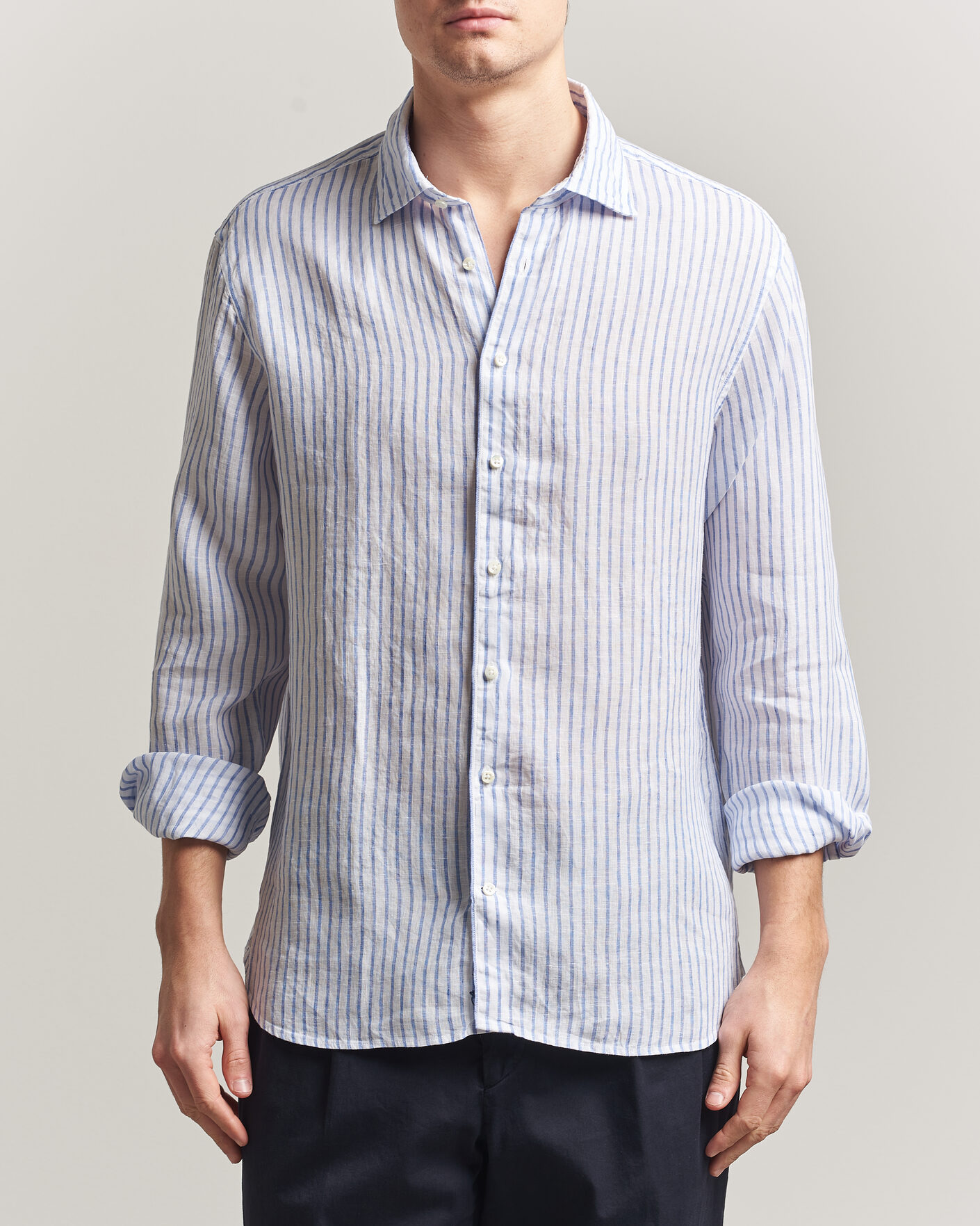 Homme | Chemises | Stenströms | Regular Fit Striped Linen Shirt White/Dark Blue