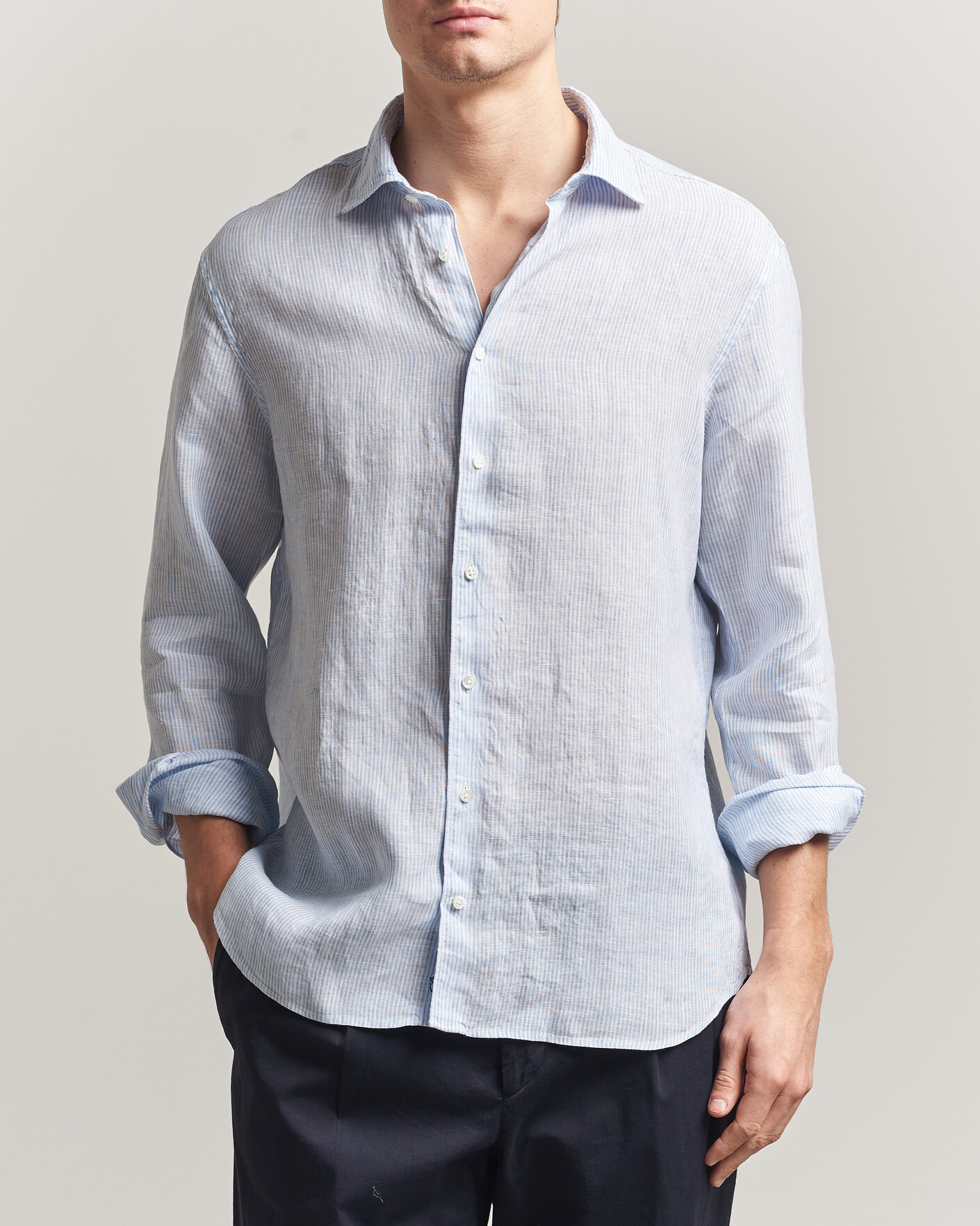 Heren | Overhemden | Stenströms | Regular Fit Thin Striped Linen Shirt Light Blue