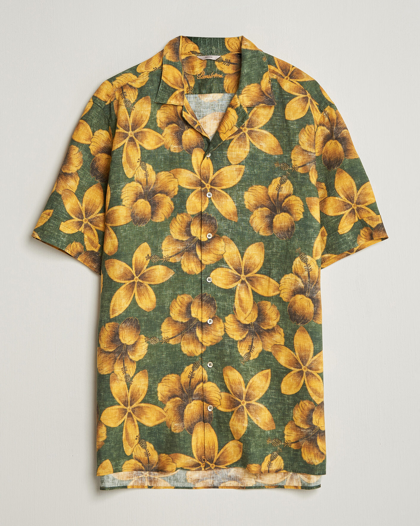 Homme | Chemises | Stenströms | Flower Printed Short Sleeve Linen Shirt Green