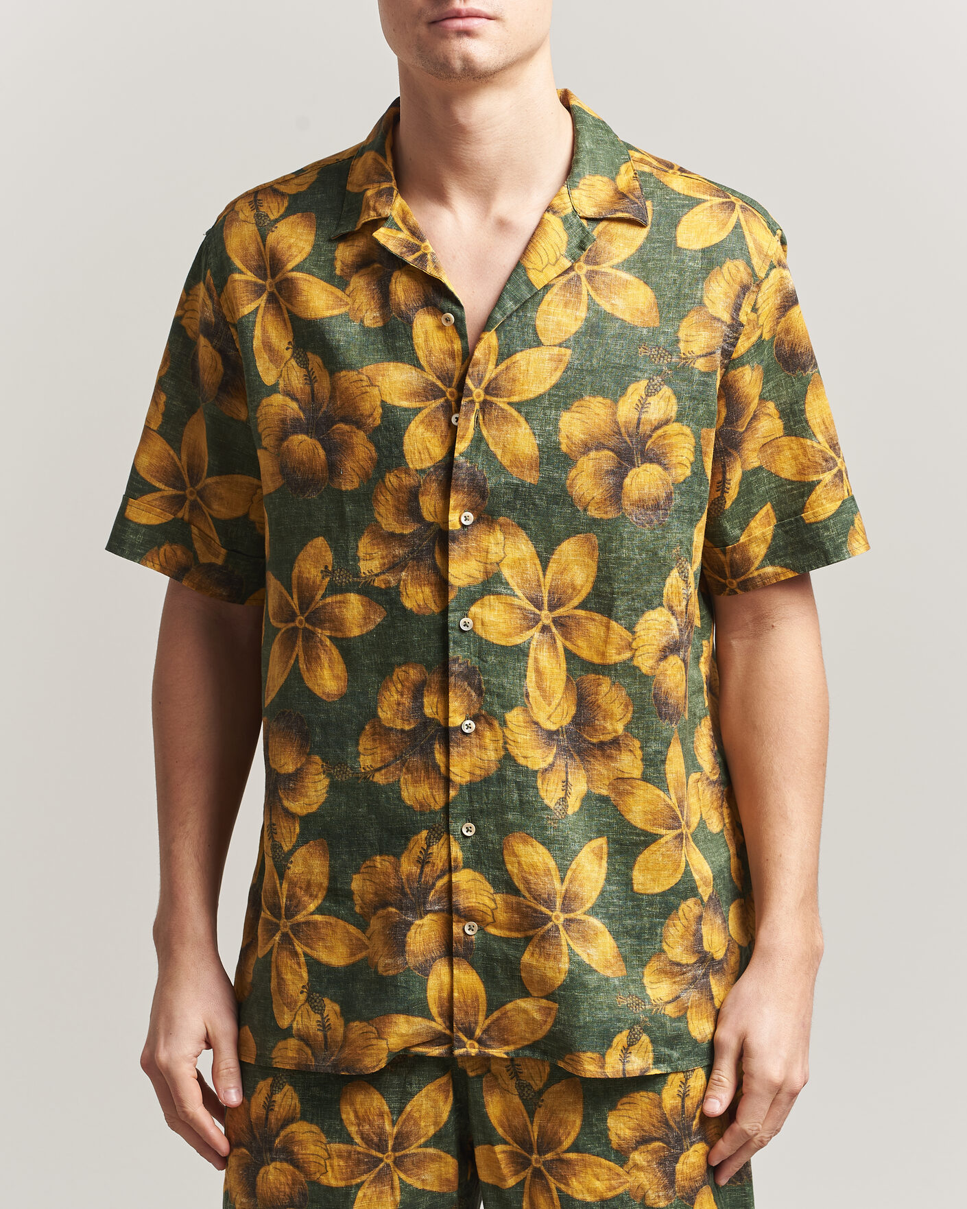 Homme | Chemises | Stenströms | Flower Printed Short Sleeve Linen Shirt Green
