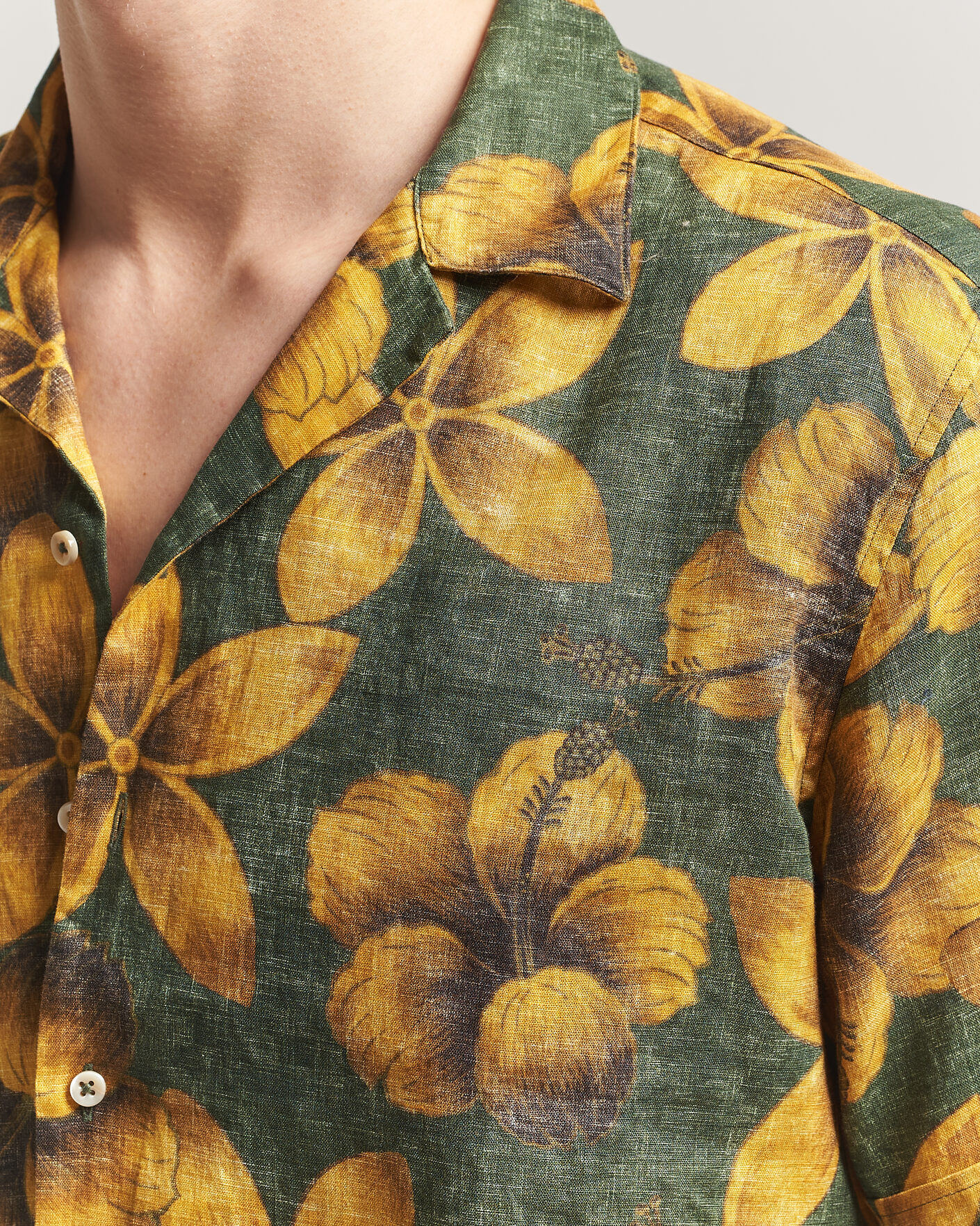Heren | Overhemden | Stenströms | Flower Printed Short Sleeve Linen Shirt Green