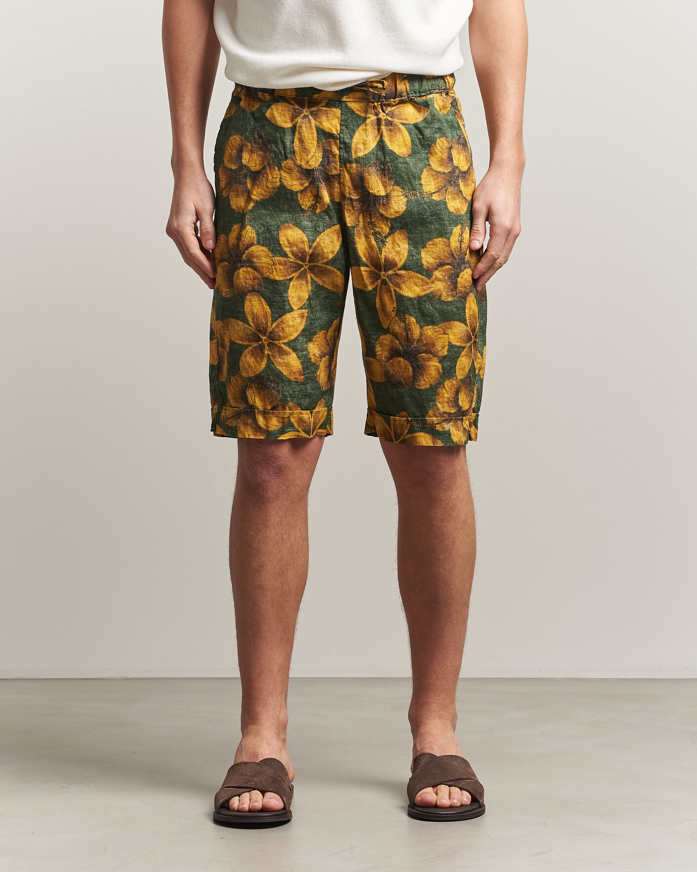 Heren | Korte broek | Stenströms | Flower Printed Linen Shorts Green