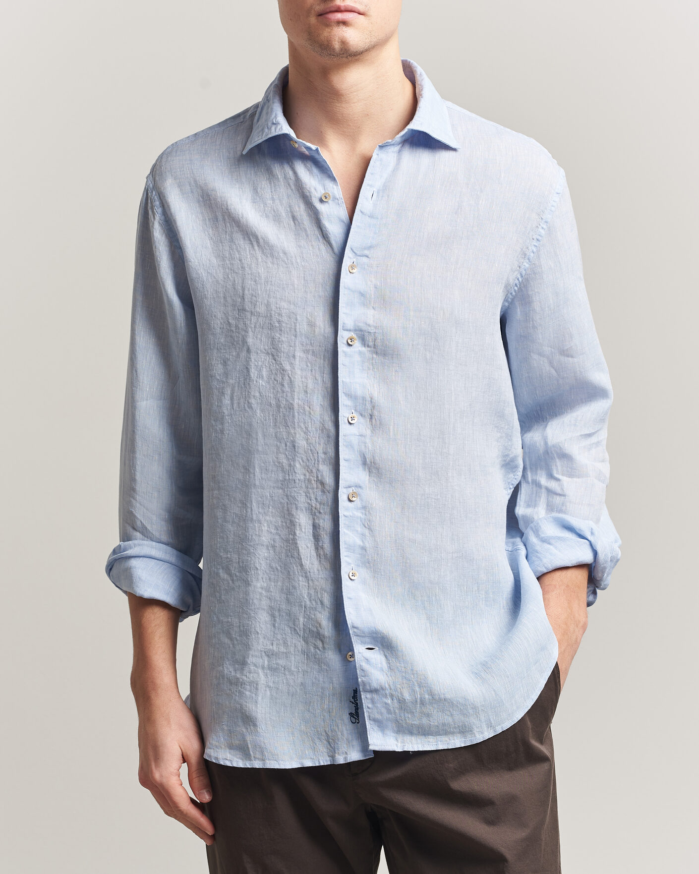 Heren | Overhemden | Stenströms | Regular Fit Cut Away Linen Shirt Light Blue