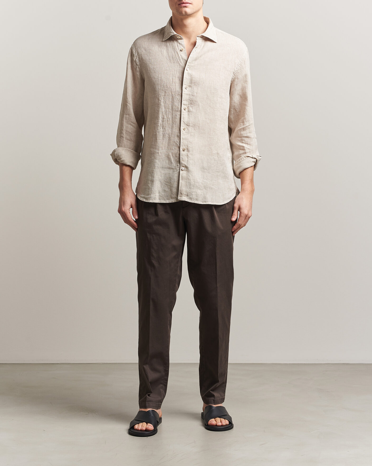 Homme | Chemises | Stenströms | Regular Fit Cut Away Linen Shirt Beige