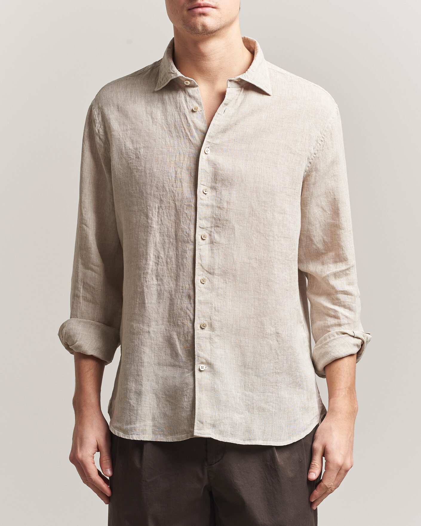 Homme | Chemises | Stenströms | Regular Fit Cut Away Linen Shirt Beige