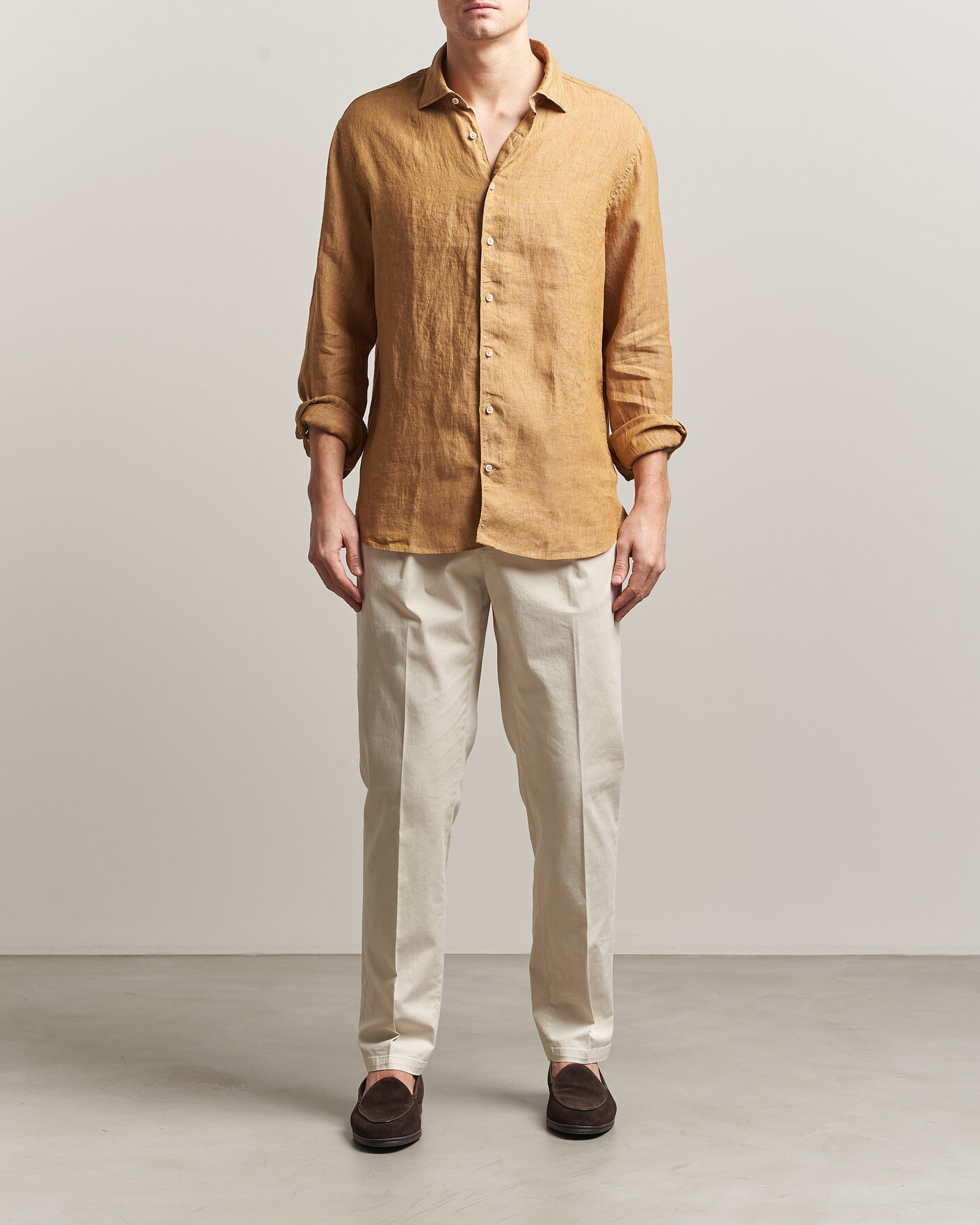 Heren | Overhemden | Stenströms | Regular Fit Cut Away Linen Shirt Light Brown