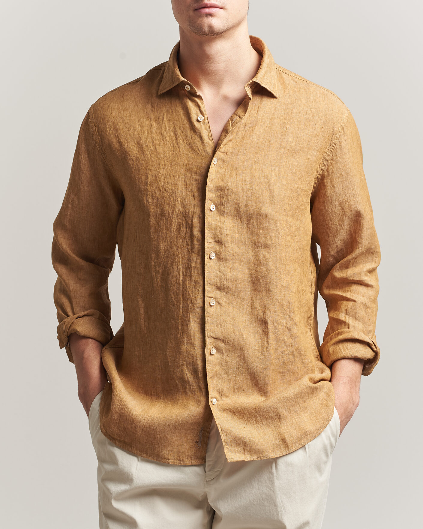 Homme | Chemises | Stenströms | Regular Fit Cut Away Linen Shirt Light Brown