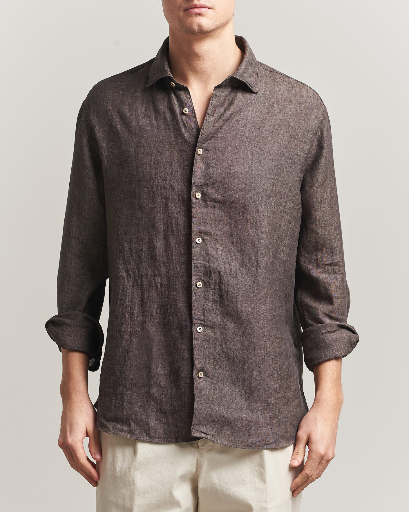 Homme | Chemises | Stenströms | Regular Fit Cut Away Linen Shirt Brown