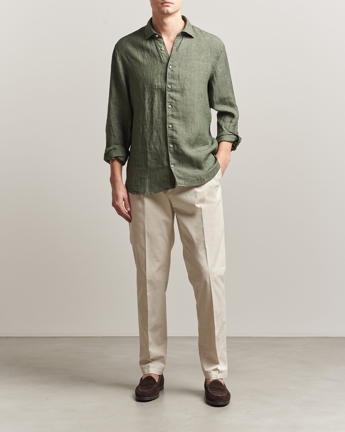 Heren | Overhemden | Stenströms | Regular Fit Cut Away Linen Shirt Green