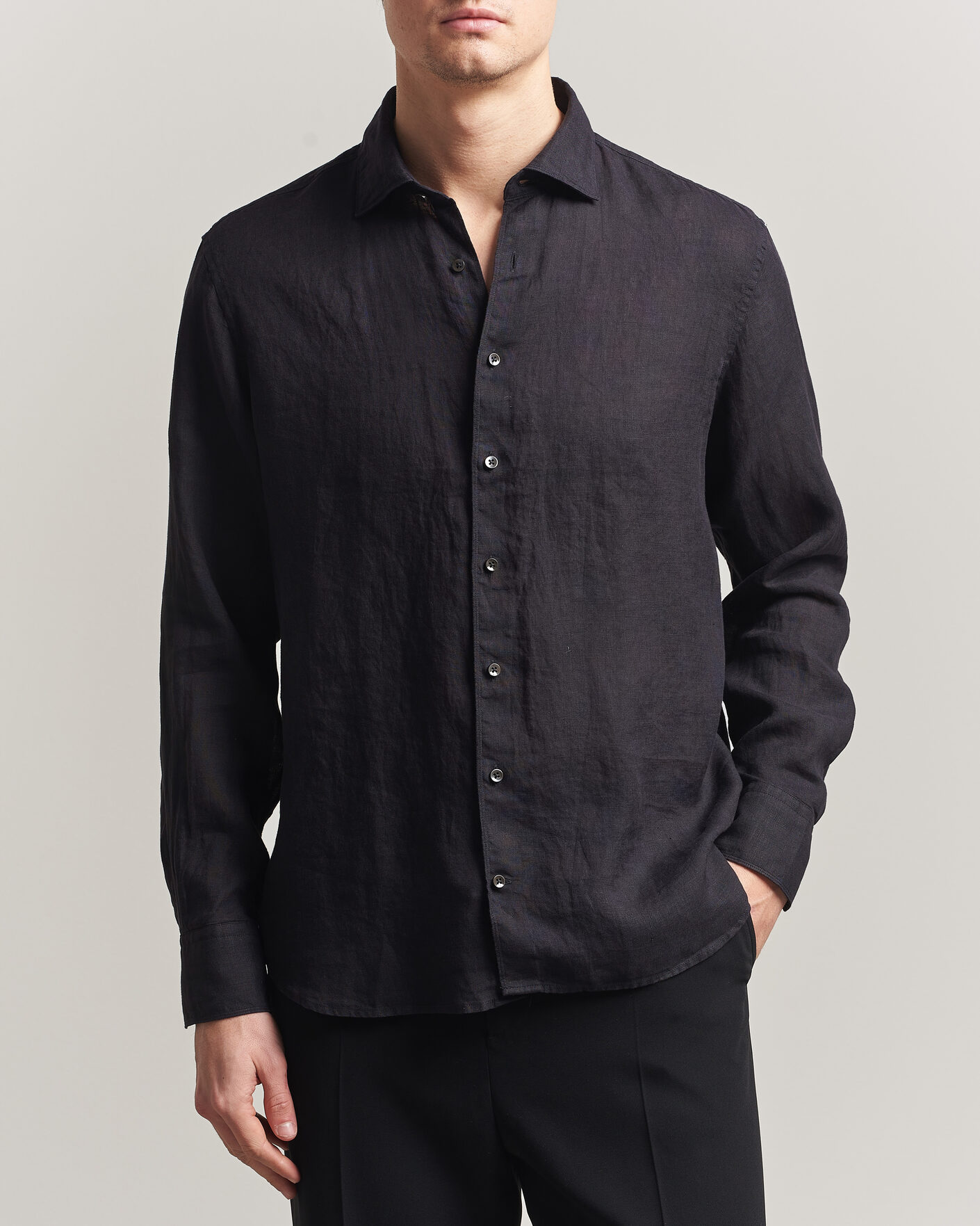 Homme | Chemises | Stenströms | Regular Fit Cut Away Linen Shirt Black
