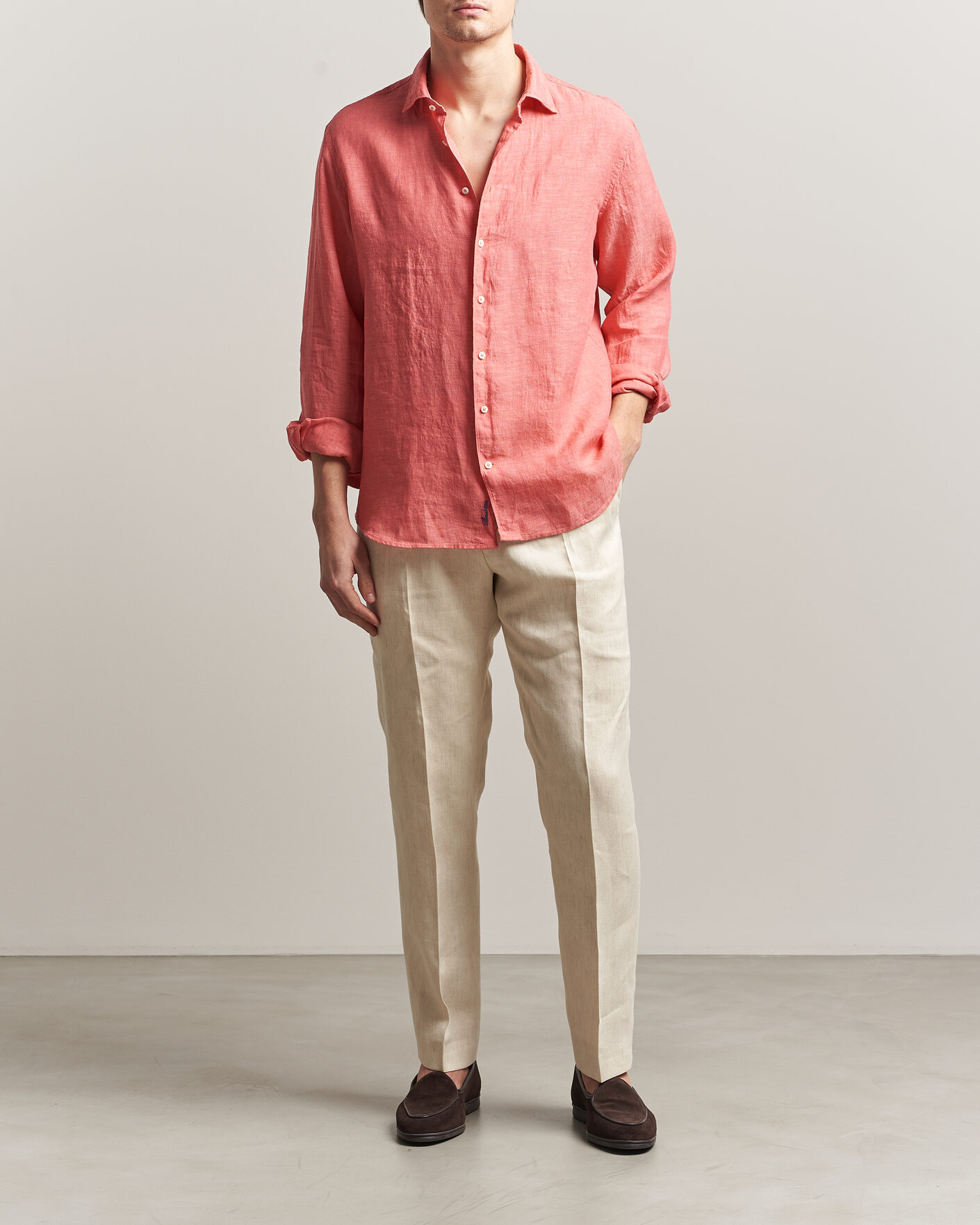 Heren | Overhemden | Stenströms | Regular Fit Cut Away Linen Shirt Raspberry