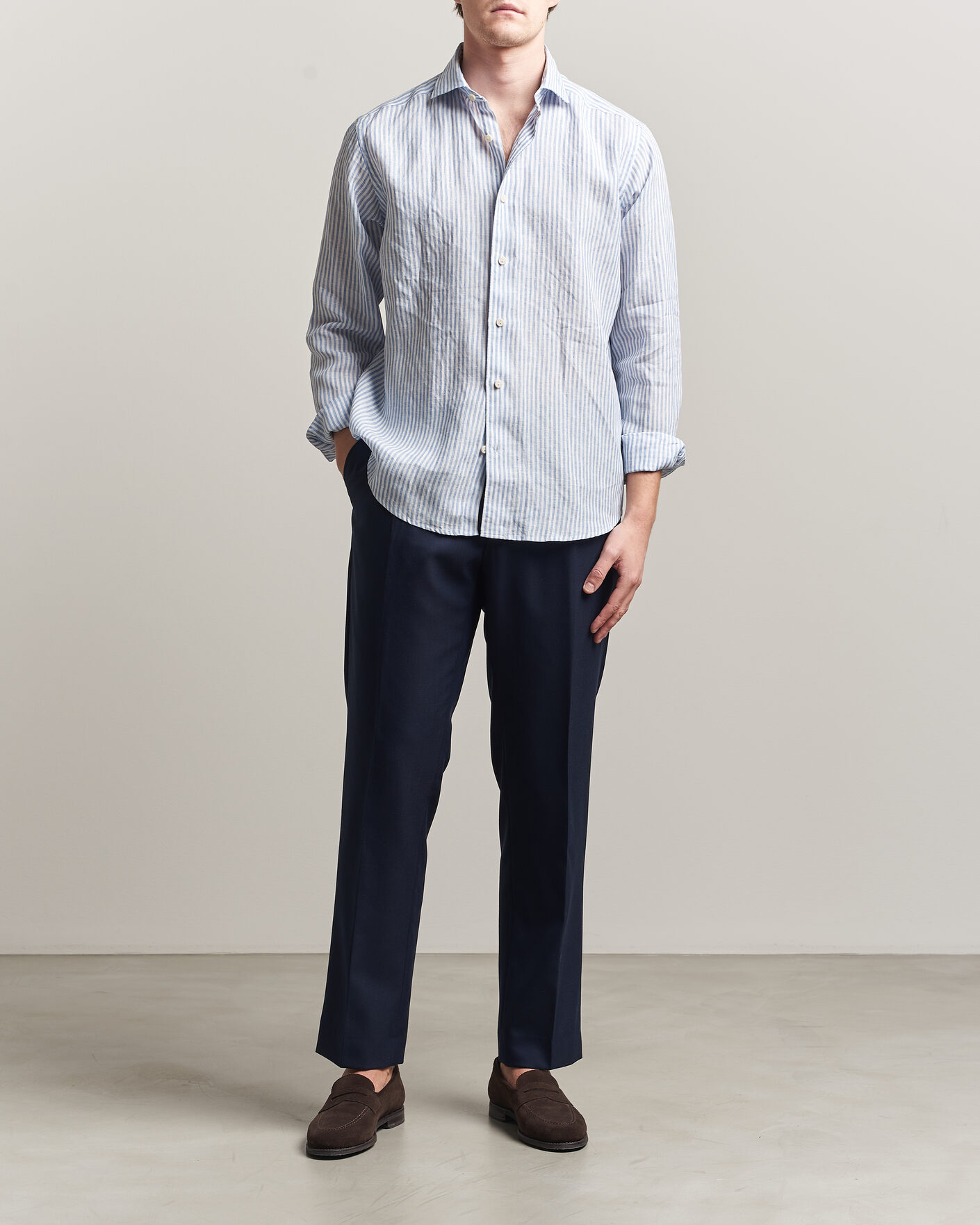 Homme | Chemises | Eton | Casual Fit Striped Linen Shirt Light Blue