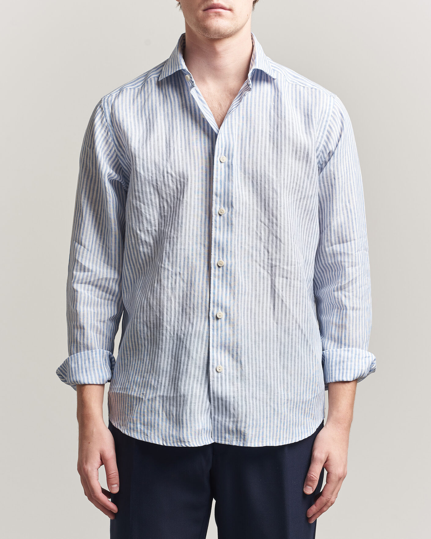 Homme | Chemises | Eton | Casual Fit Striped Linen Shirt Light Blue