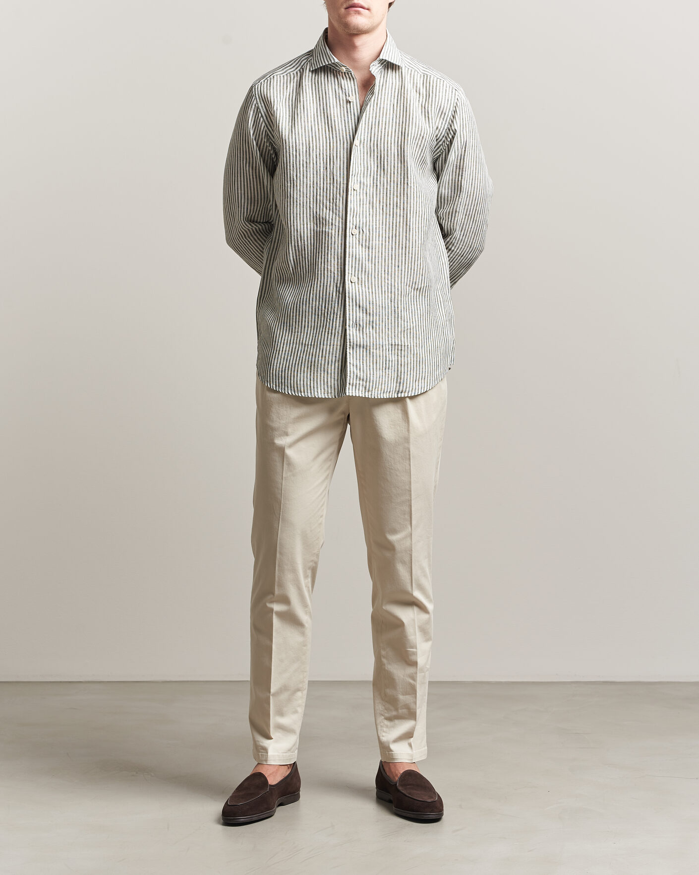 Homme | Chemises | Eton | Casual Fit Striped Linen Shirt Dark Green