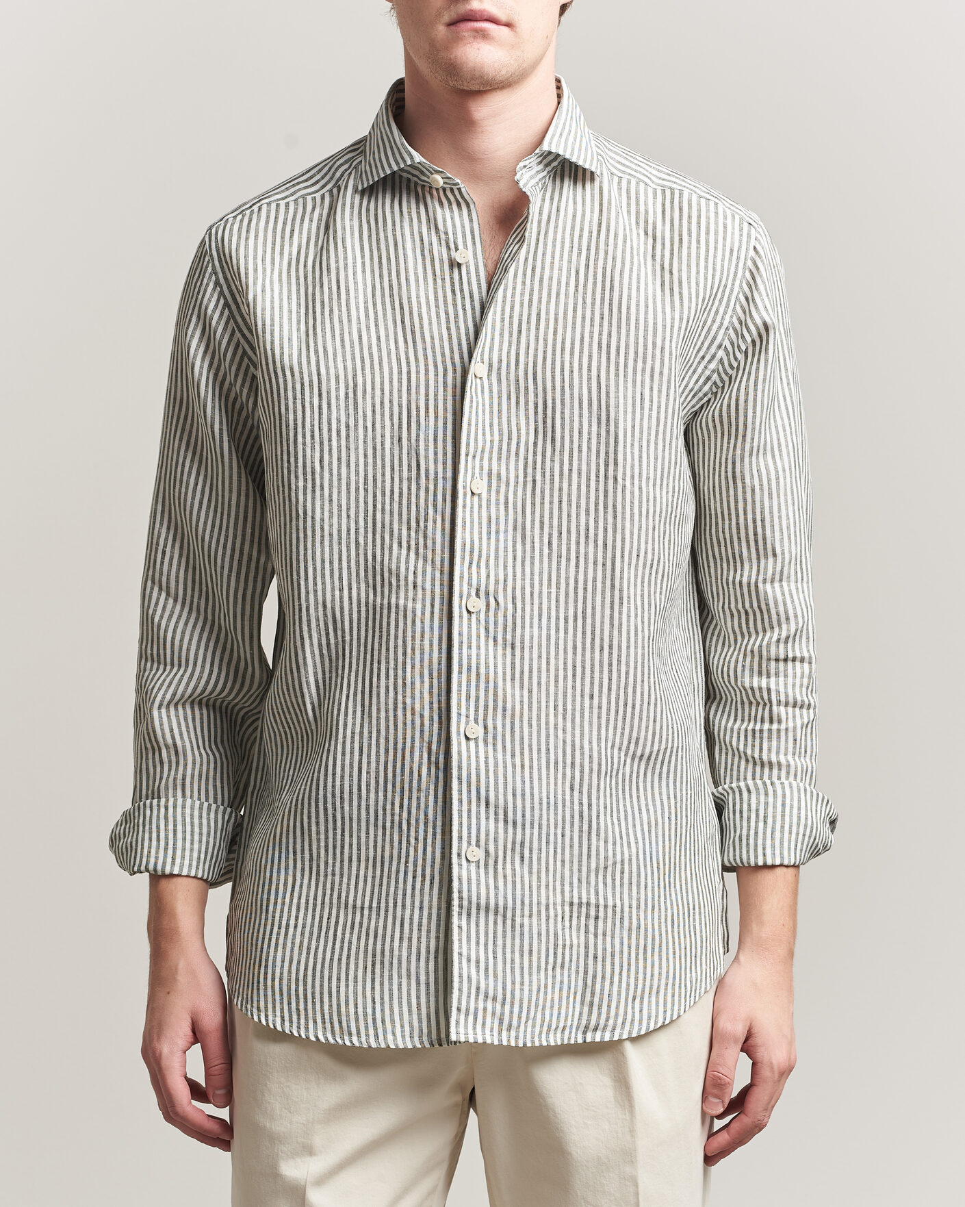 Heren | Overhemden | Eton | Casual Fit Striped Linen Shirt Dark Green