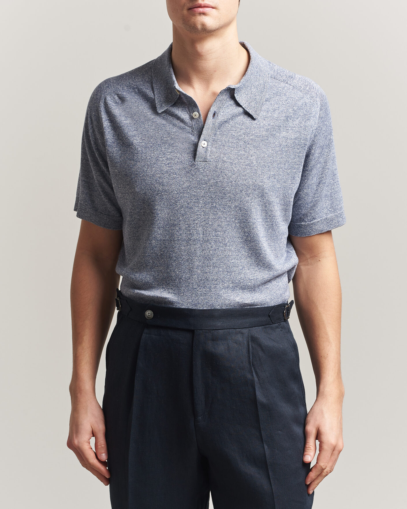 Homme | Polos | Eton | Cotton Linen Fine Knit Polo Blue
