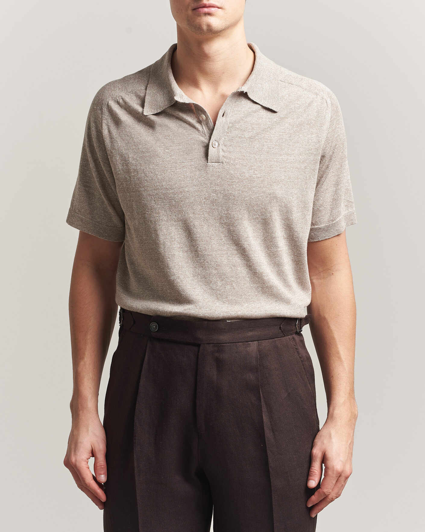 Heren | Polo's | Eton | Cotton Linen Fine Knit Polo Beige