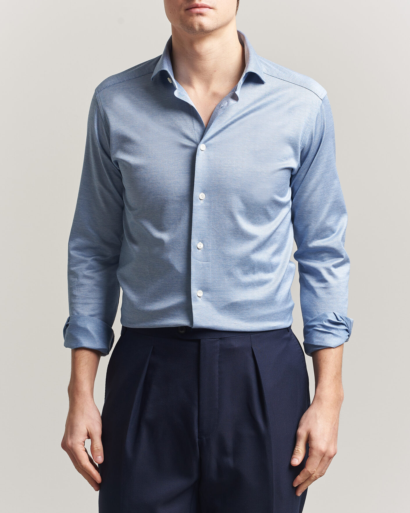 Heren | Overhemden | Eton | Filo di Scozia Knitted Shirt Light Blue