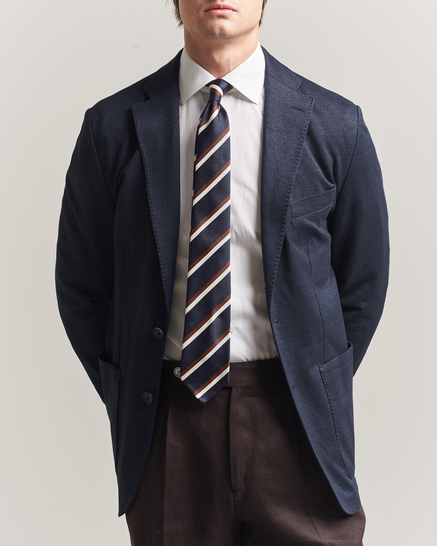 Homme | Blazers | Eton | Linen Jersey Herringbone Blazer Navy Blue