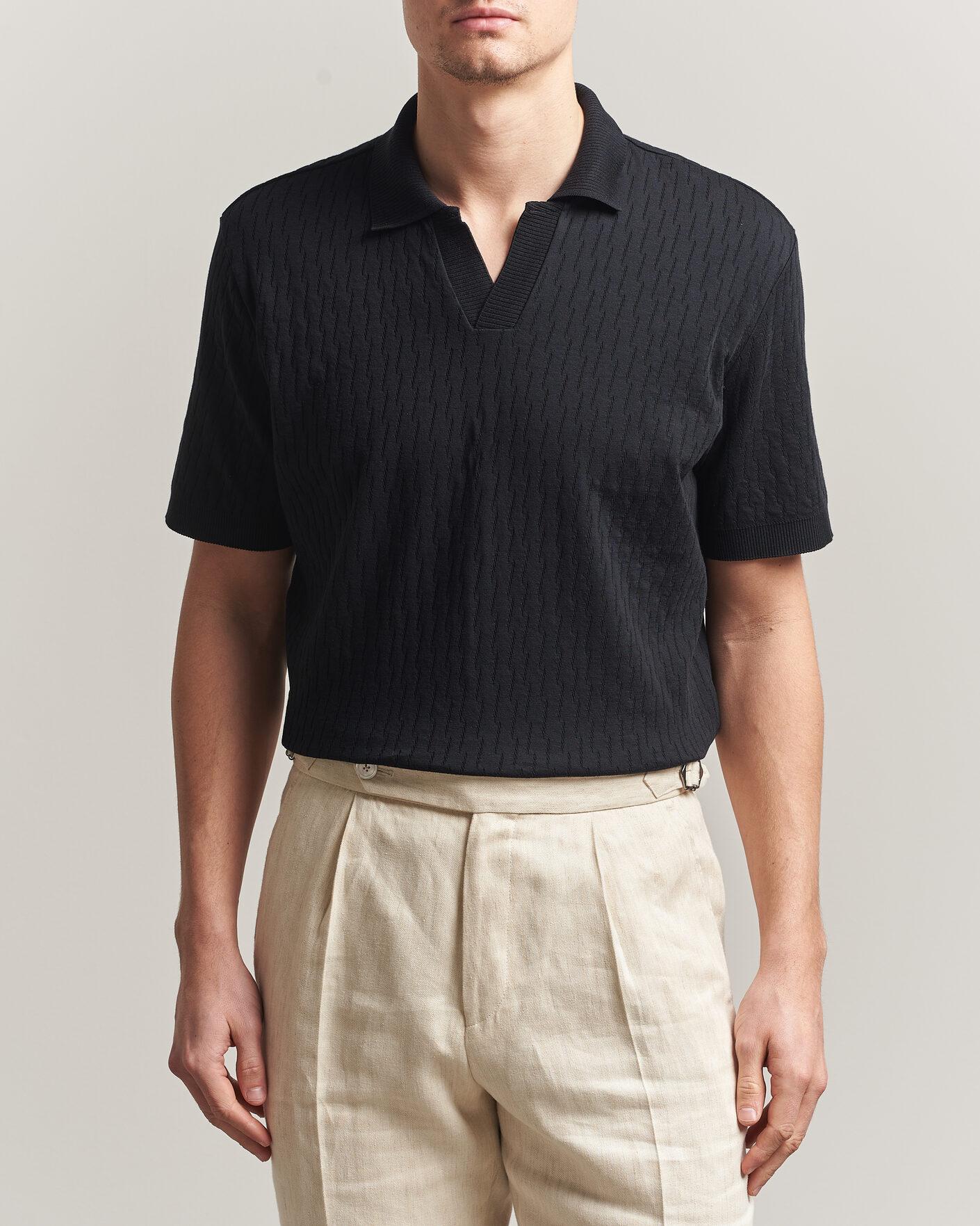 Homme | Polos | Eton | Open Collar Jacquard Polo Black
