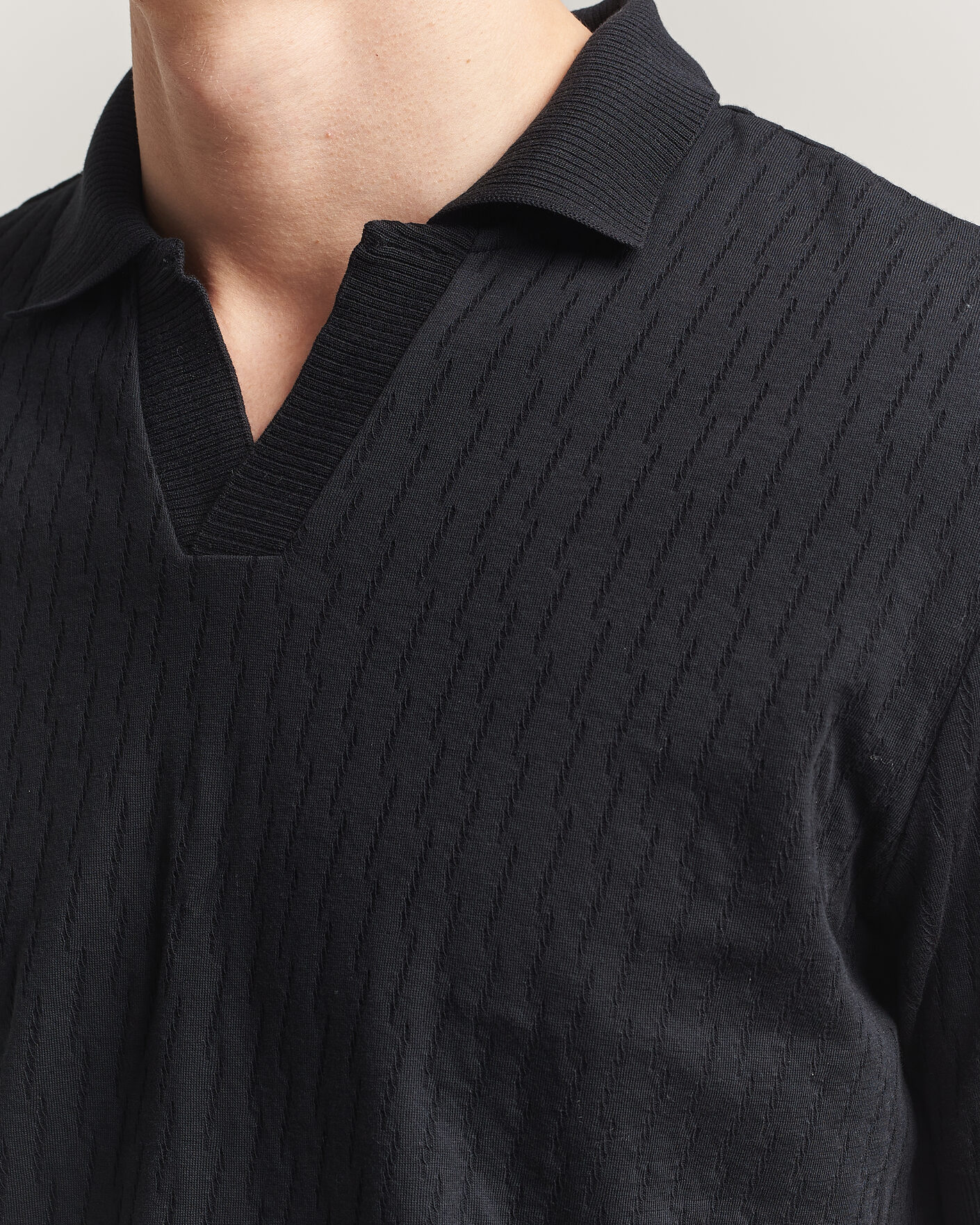 Homme | Polos | Eton | Open Collar Jacquard Polo Black