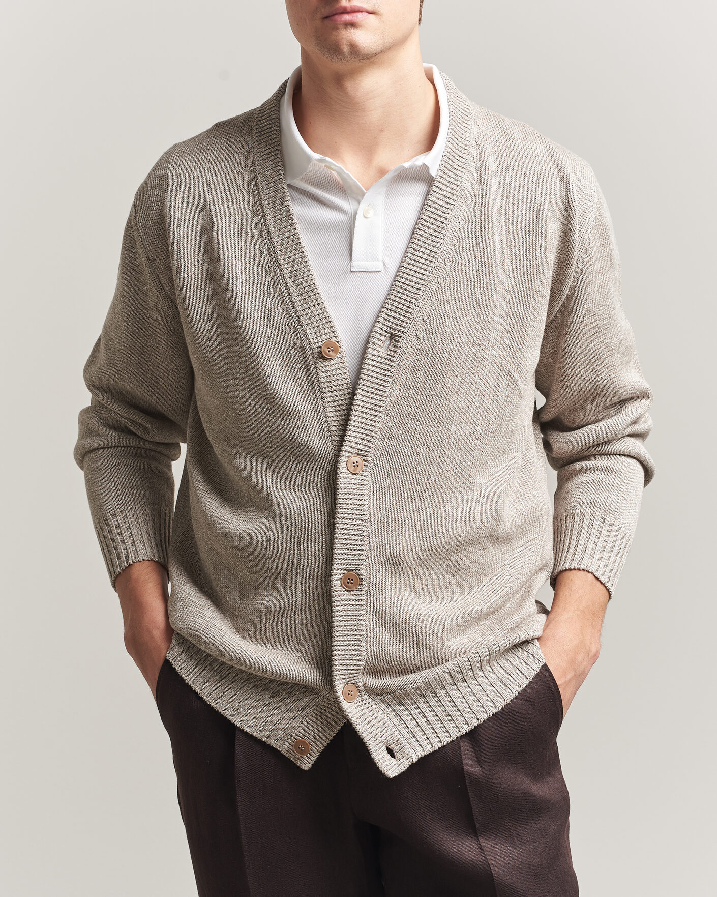 Heren | Truien | Eton | Cotton Linen Knitted Cardigan Beige