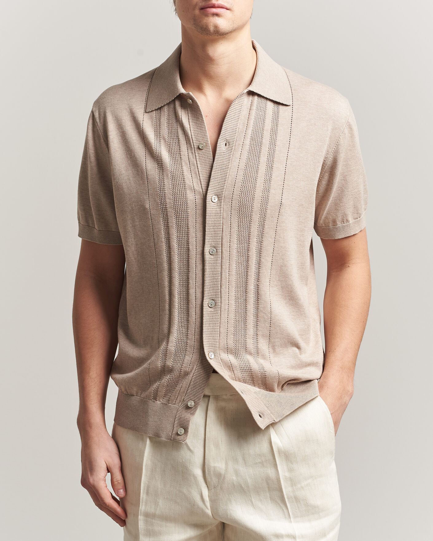 Homme | Chemises | Eton | Cotton Structured Knitted Short Sleeve Shirt Beige